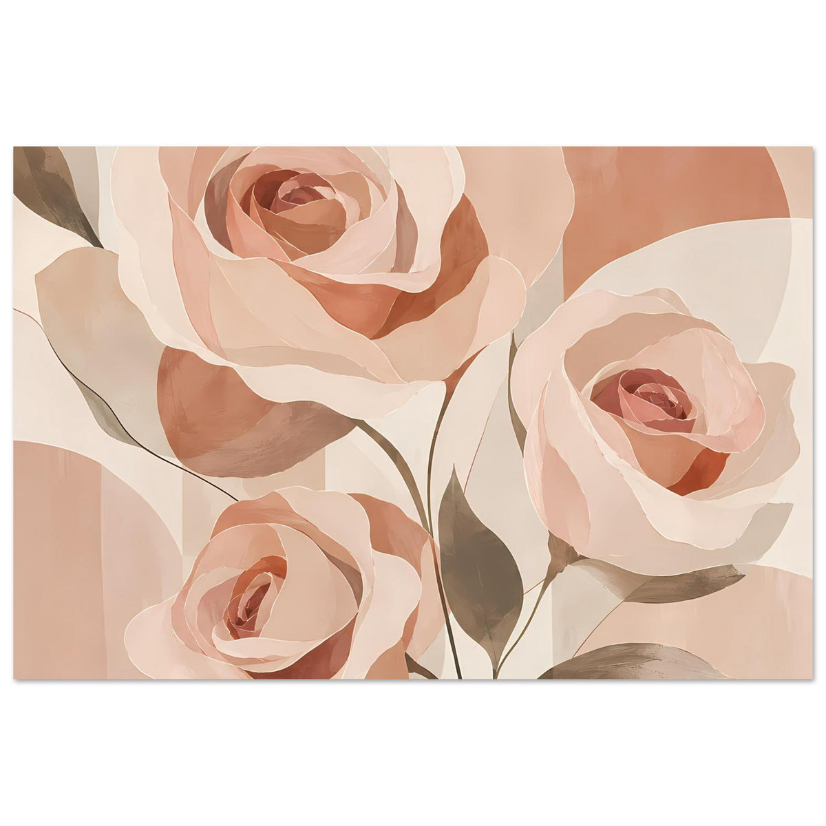 Horizontales Florales Poster mit Rosen in Rosa und Pfirsich, mit Blättern und Stielen