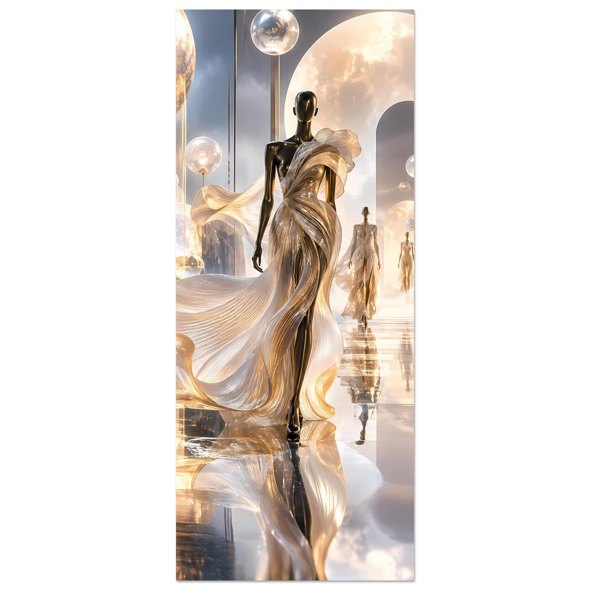 Vertikales Poster: goldene schwebende Figur mit wallendem Gewand und dunklen Models im Hintergrund