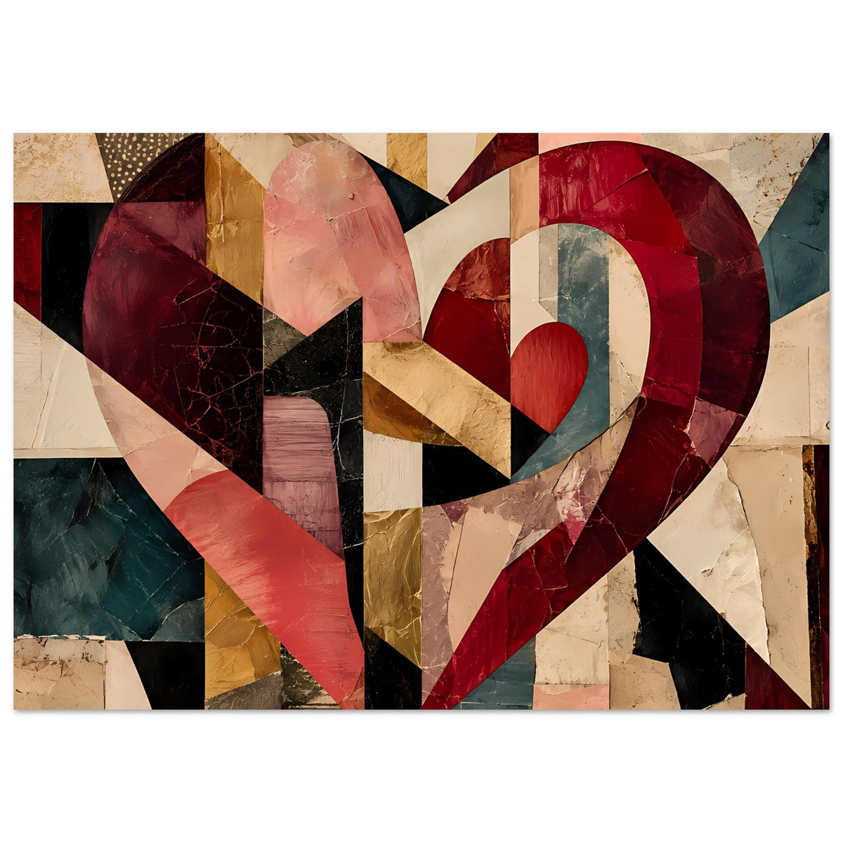 Herzposter im Cubist-Stil, abstrakte Muster in Rot, Beige, Blau und Schwarz, Querformat