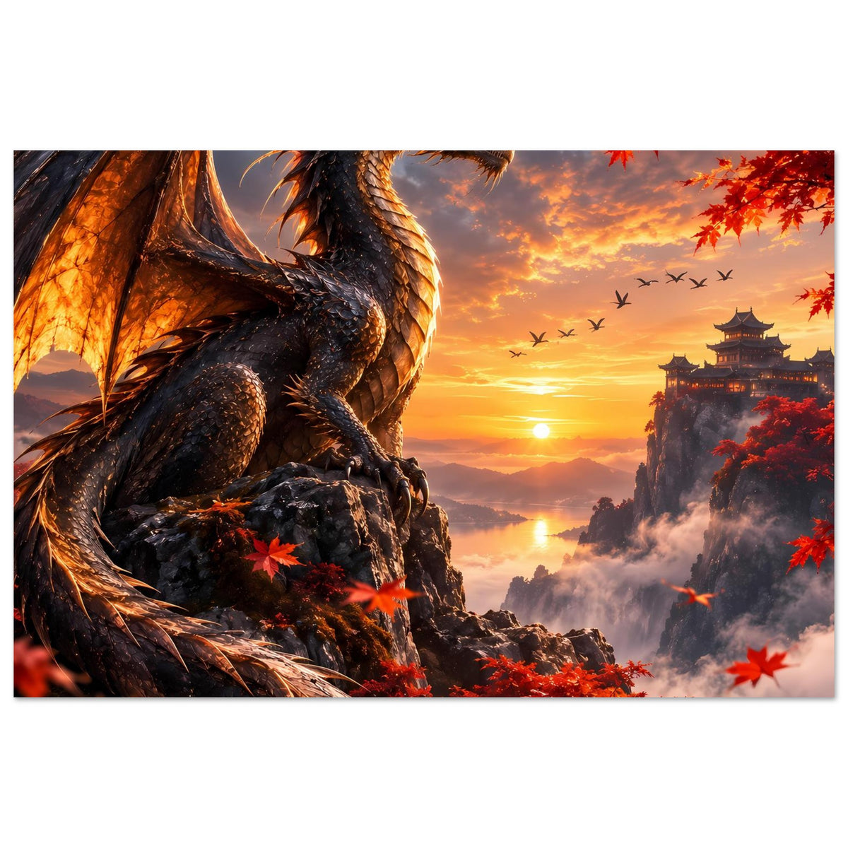 Drachenmotiv-Poster: Drachenkopf und Flügel über Felsen, rote Ahornblätter, Sonnenaufgang