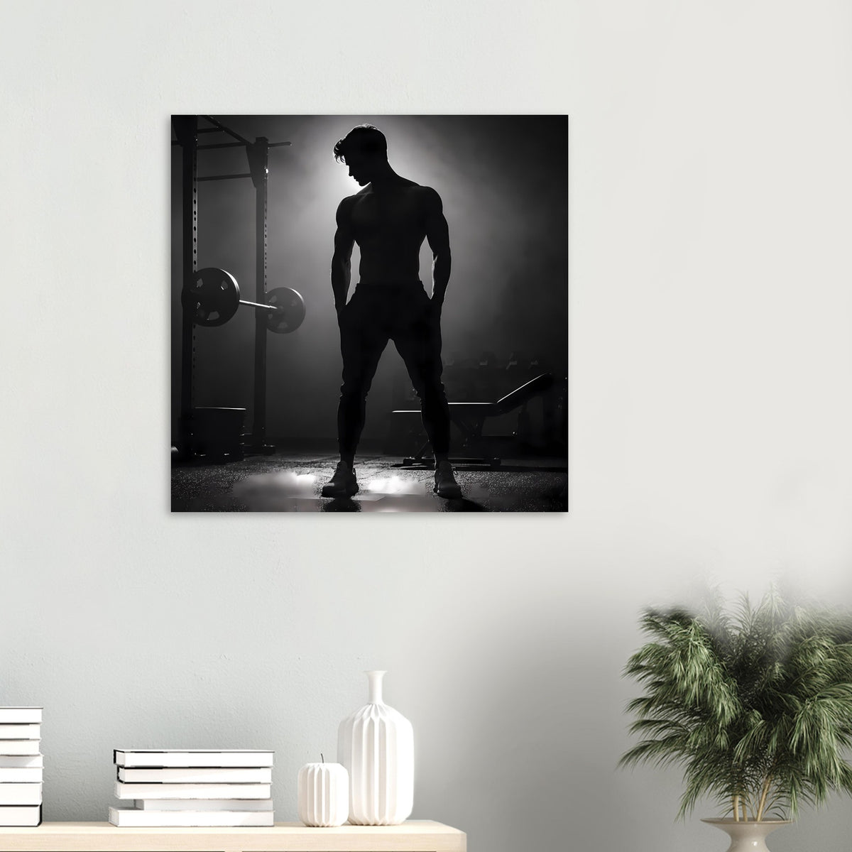 Wandkunst-Druck im Kleinformat: Schwarz-Weiß-Silhouette eines Mannes im Fitnessstudio
