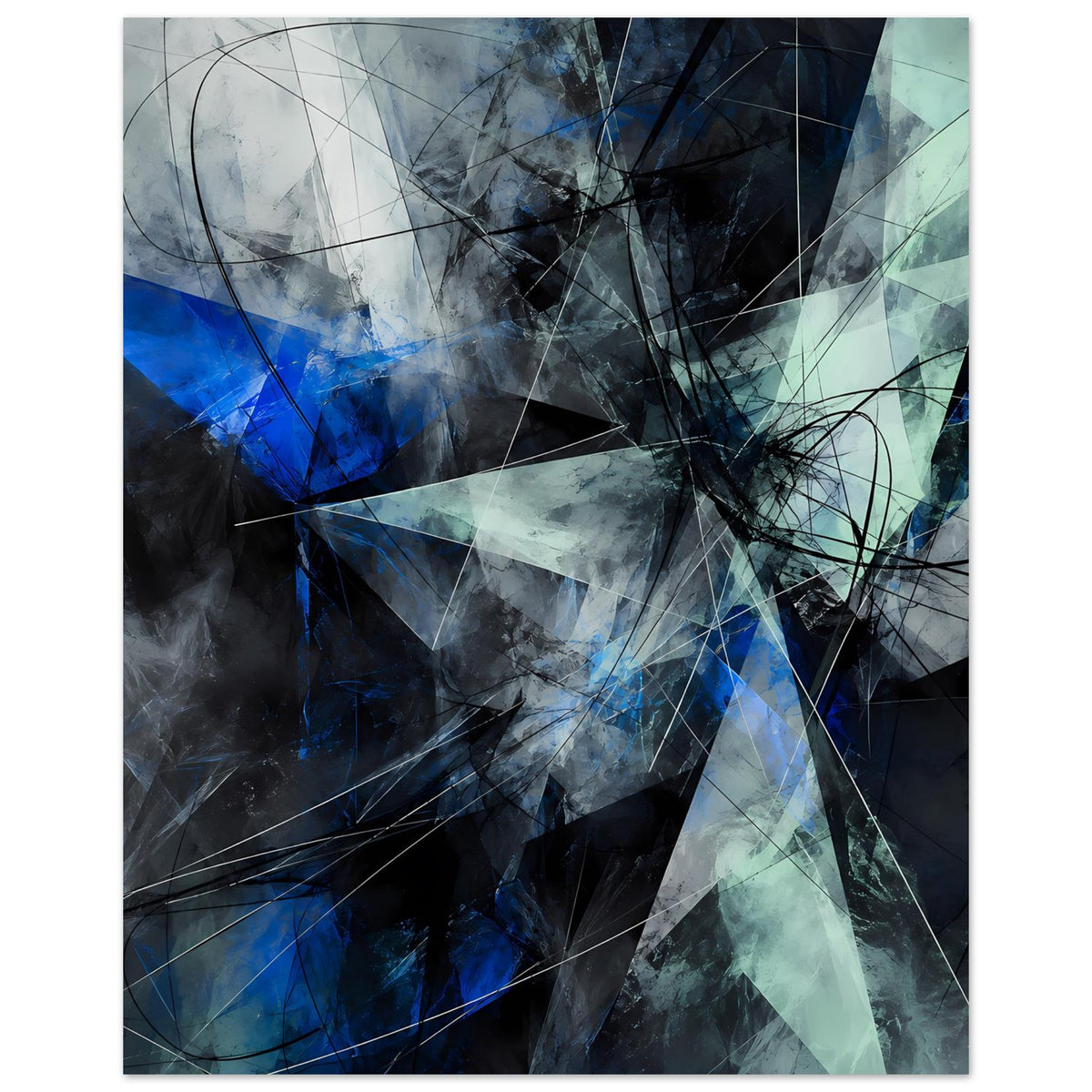 Abstraktes geometrisches Poster mit Blau- und Türkiskontrasten, vertikal