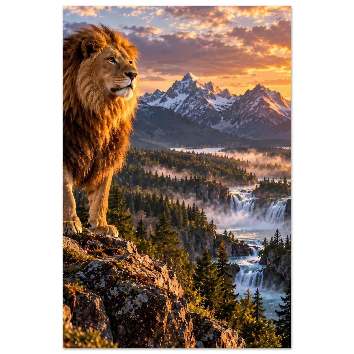 Löwenmotiv Poster im Hochformat: Löwe seitlich, Sonnenaufgang über Bergen und Wasserfall