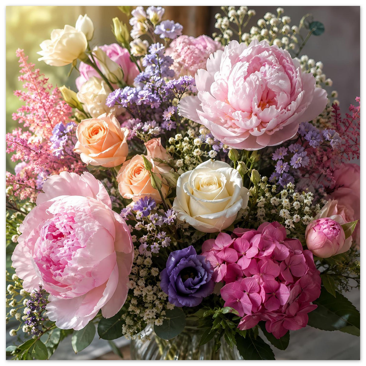 Blumenstrauß-Poster im Querformat mit großen rosa Pfingstrosen und orangefarbenen Rosen