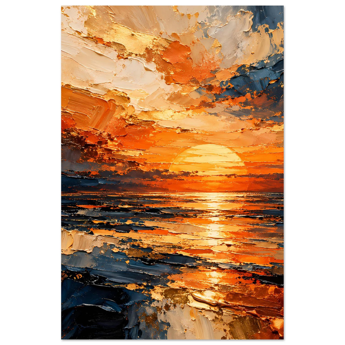 Abstraktes Sonnenuntergangs-Meer Poster, vertikal, orange und blau mit sichtbarer Leinwandstruktur