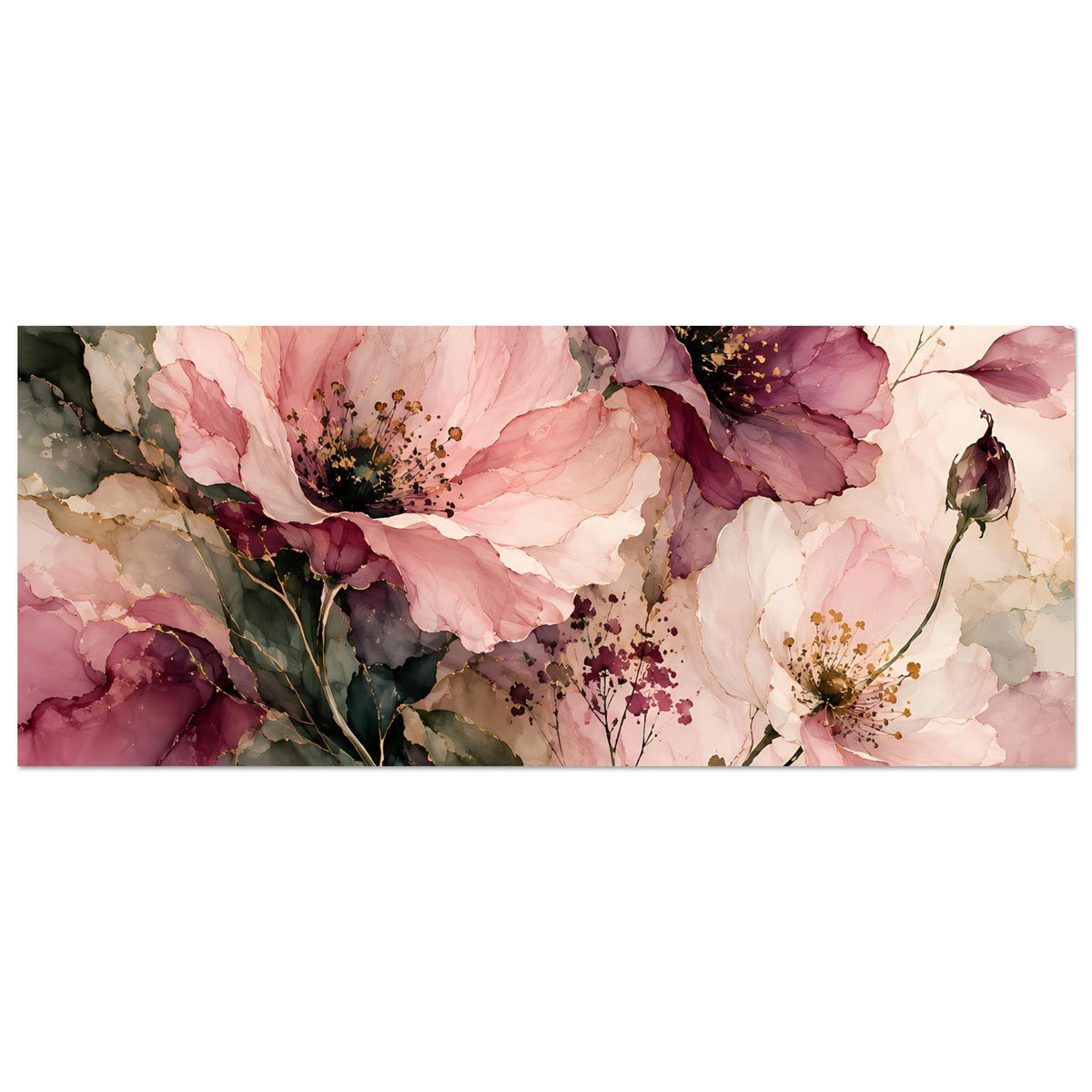 Blumenposter im Querformat mit großem Blütenmotiv in Rosa und Bordeaux sowie grünen Blättern, weißer Rand