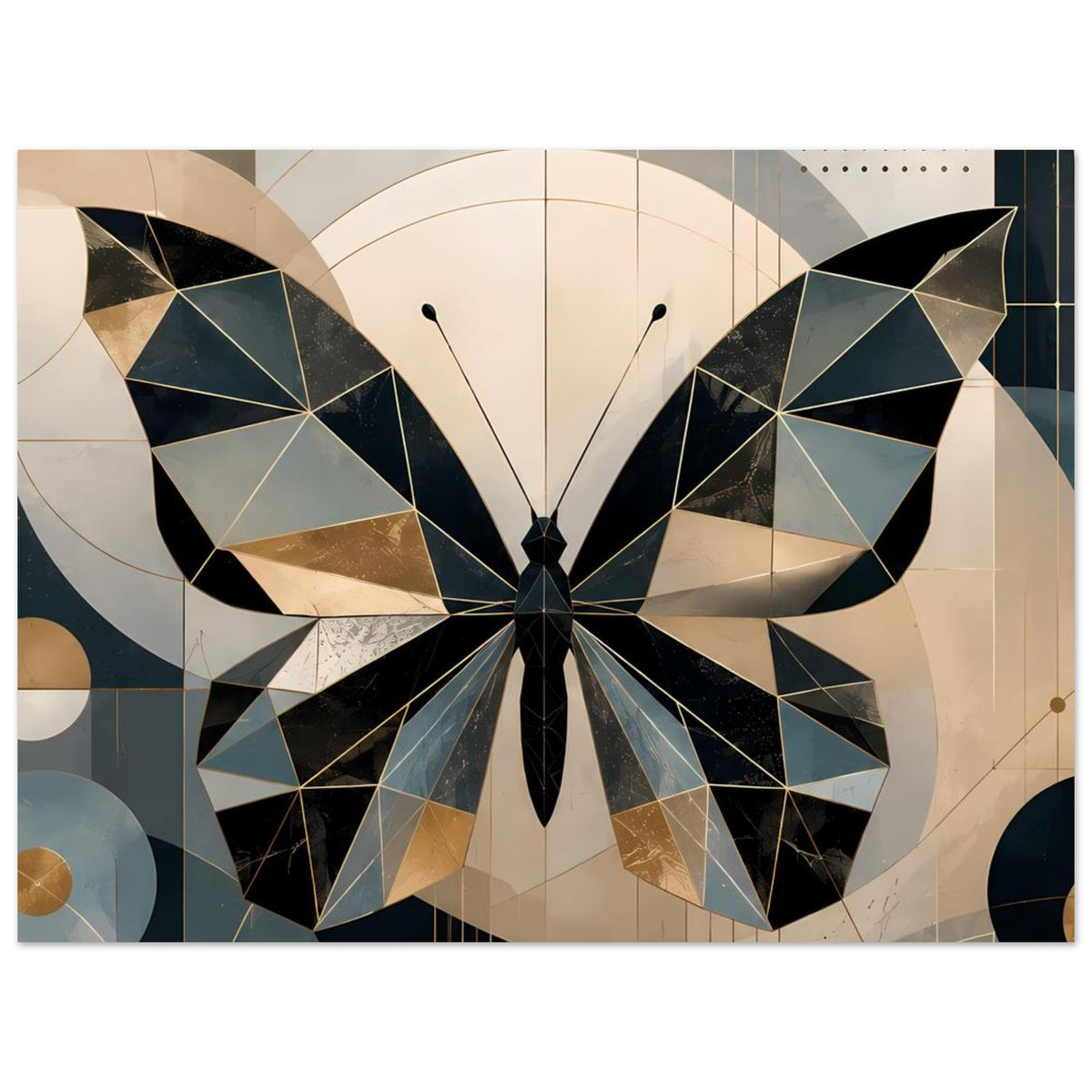 Poster mit geometrischem Schmetterling aus Dreiecken in Petrol, Gold und Schwarz