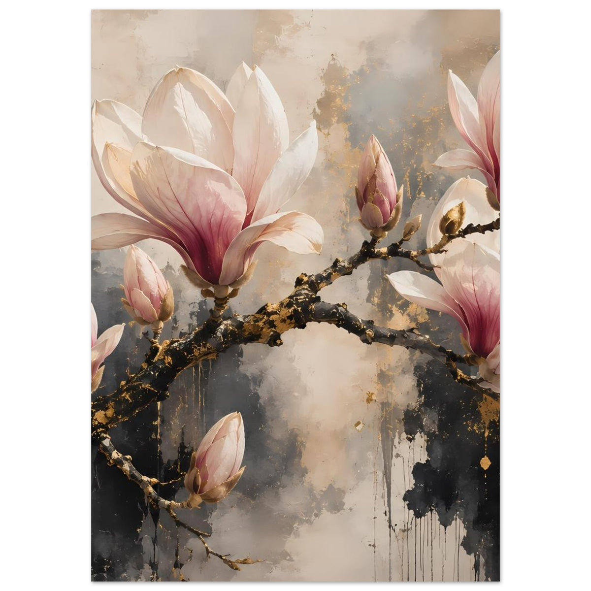 Magnolienblüten-Poster mit goldfarbenen Details am Ast, rosa-weißen Knospen und Blüten.