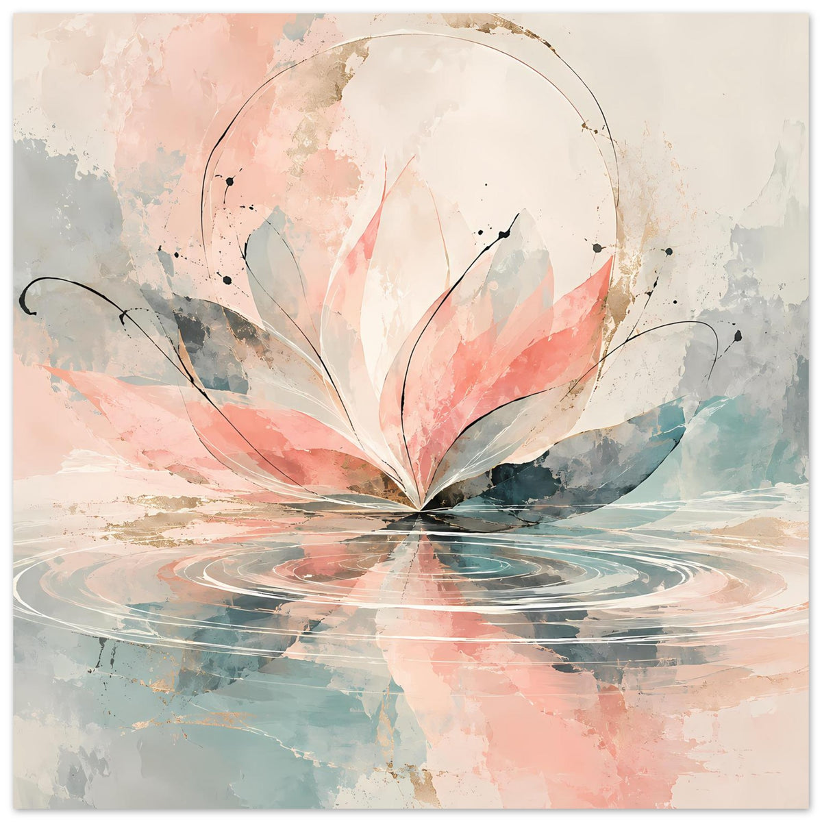Aquarellblüten-Kunstposter mit großen Blütenblättern in Rosa und Pastellblau, Wellen und Kreislinien