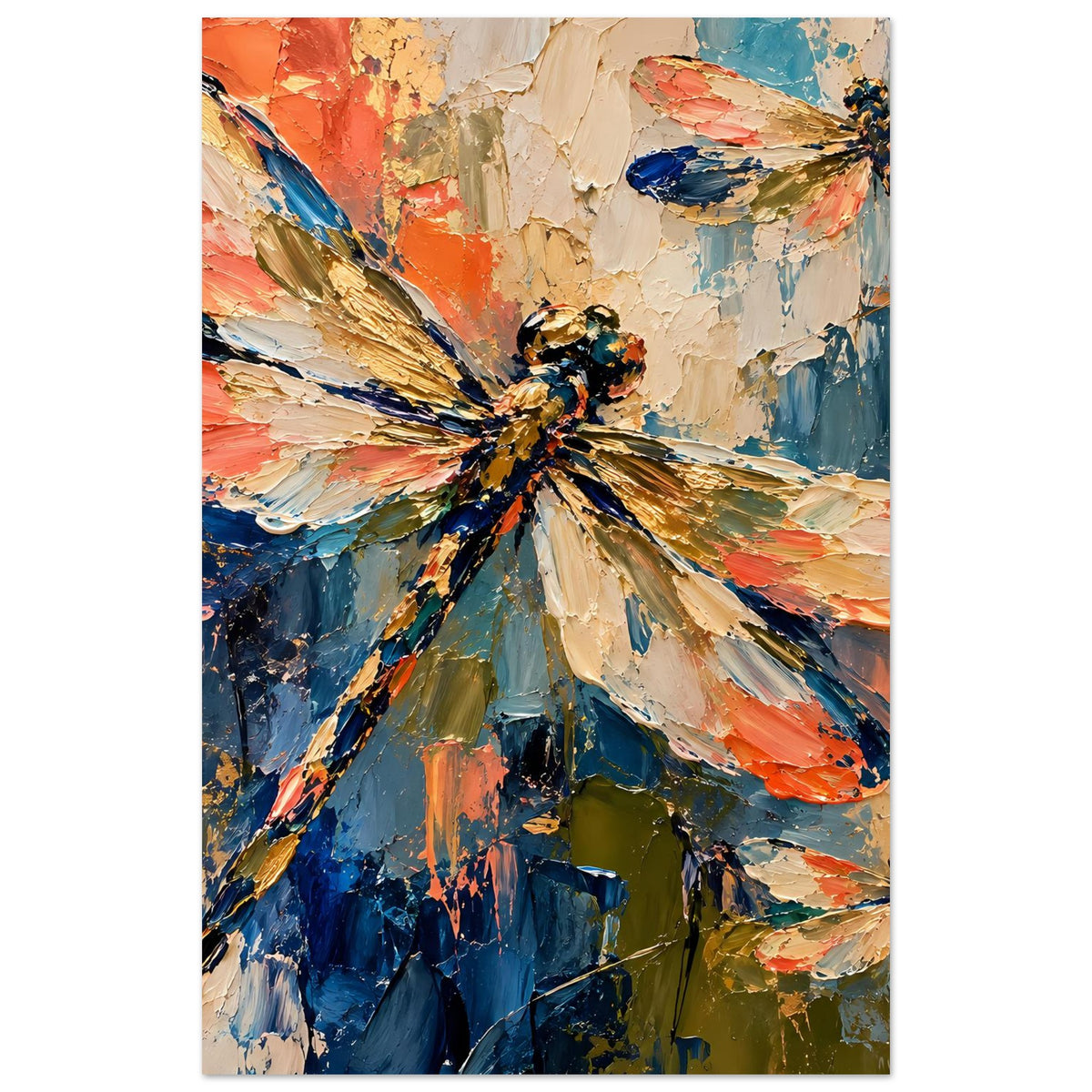 Kunstposter im Hochformat mit Libellenmotiv in Blau-, Orange- und Cremetönen