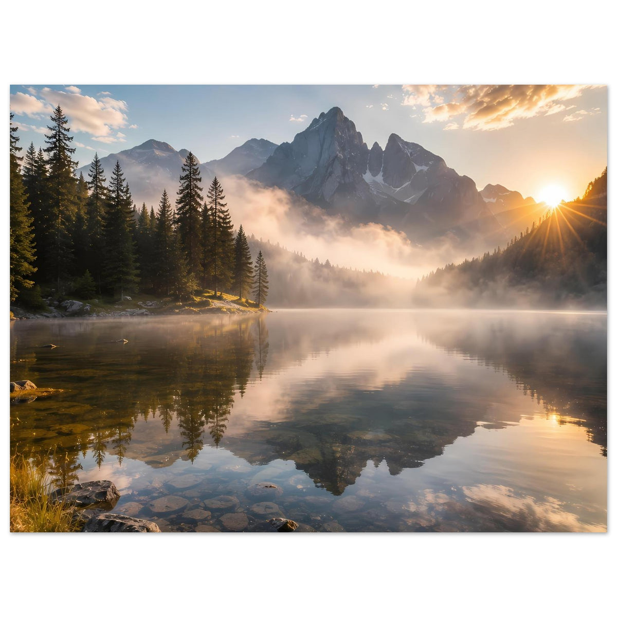 Horizontales Poster: Sonnenaufgang am Berg, Nadelwald, See mit reflektierendem Himmel