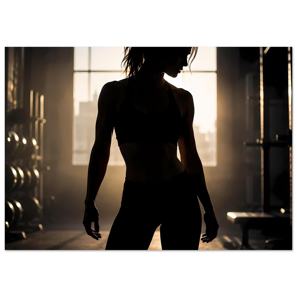 Fitnessposter mit Silhouette einer Sportlerin, seitlich von hinten beleuchtet