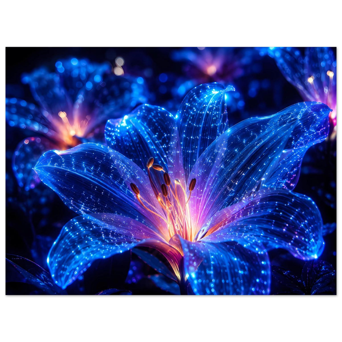 Leuchtendes Blumenposter, horizontales Format: glühende Blüte, blaue Lichter und violetter Farbverlauf