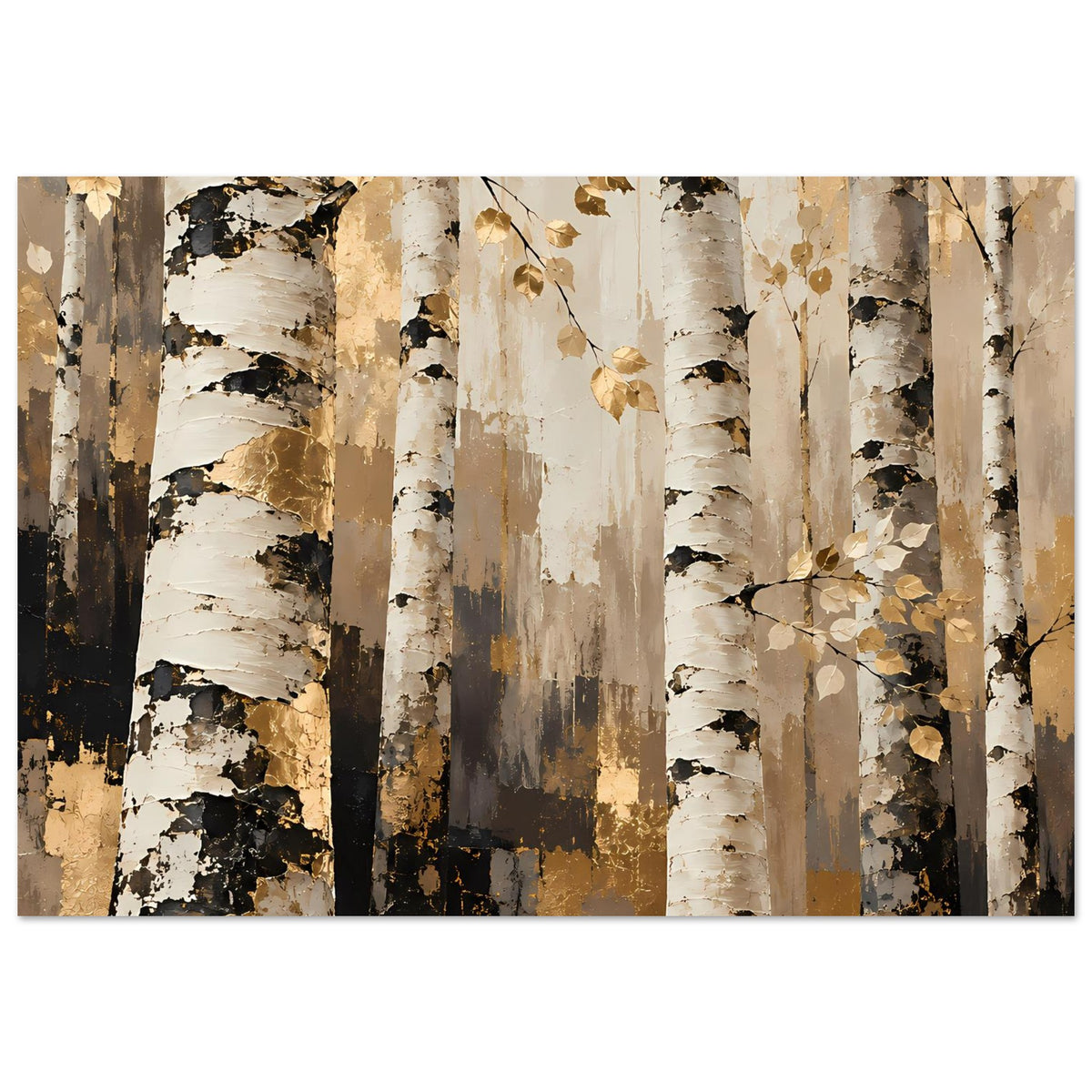 Naturposter mit Birkenstämmen und goldenen Blättern, warmen Erdtönen, querformatig