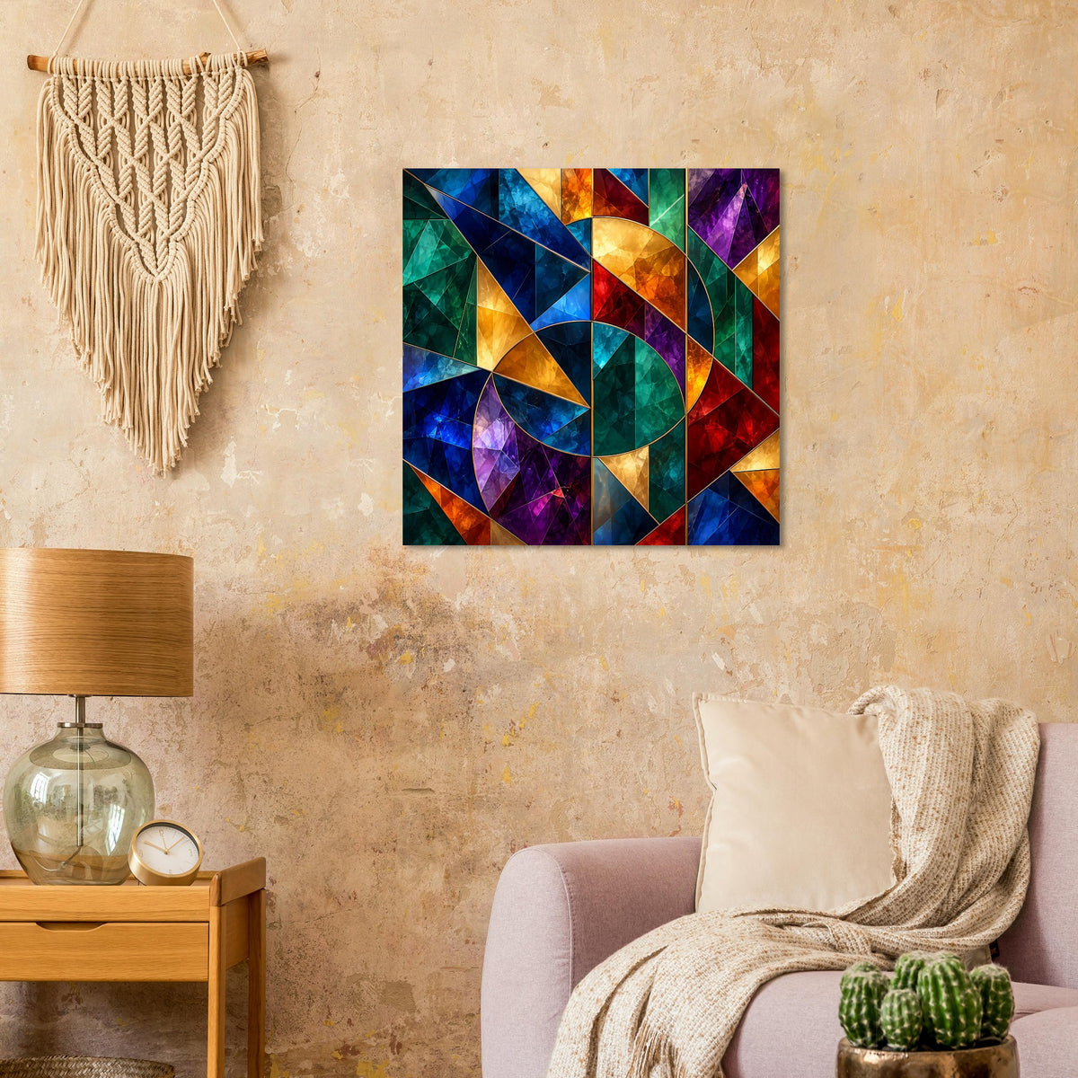 Quadratisches Glasmalerei-Poster mit bunten geometrischen Formen in Blau, Grün, Gelb und Lila