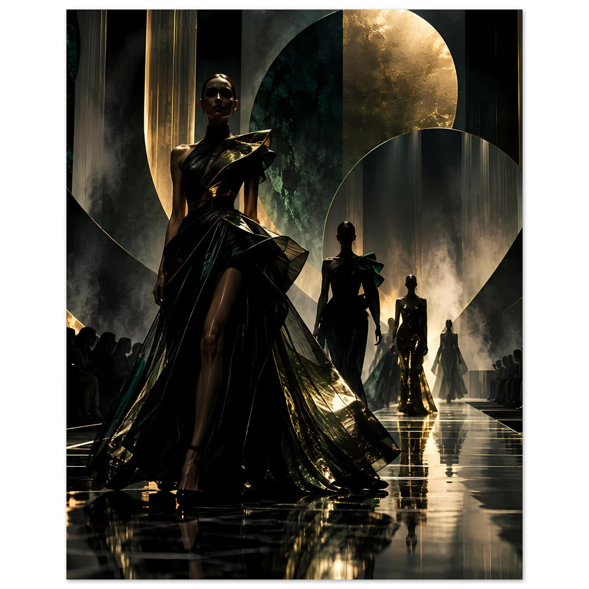 Hochformat-Poster: vordere Dame in schwarzer Robe mit Goldschimmer, mehrere Laufstegfiguren.