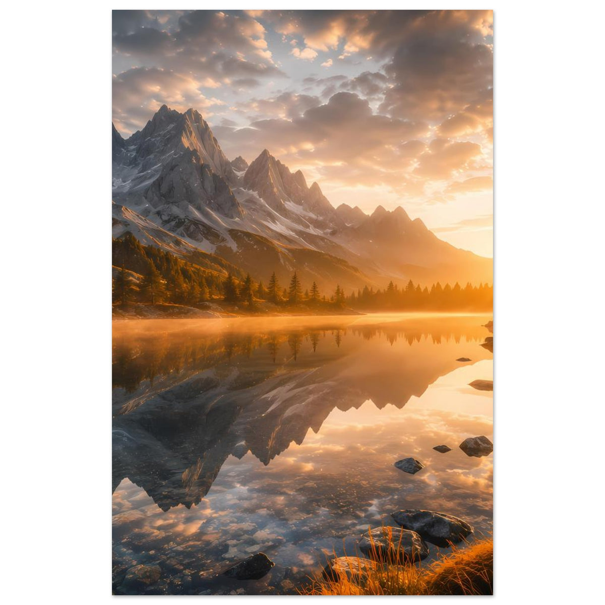 Sonnenbeschienenes Bergsee-Poster im Hochformat: Sonnenlicht über See, Berge und Wolken