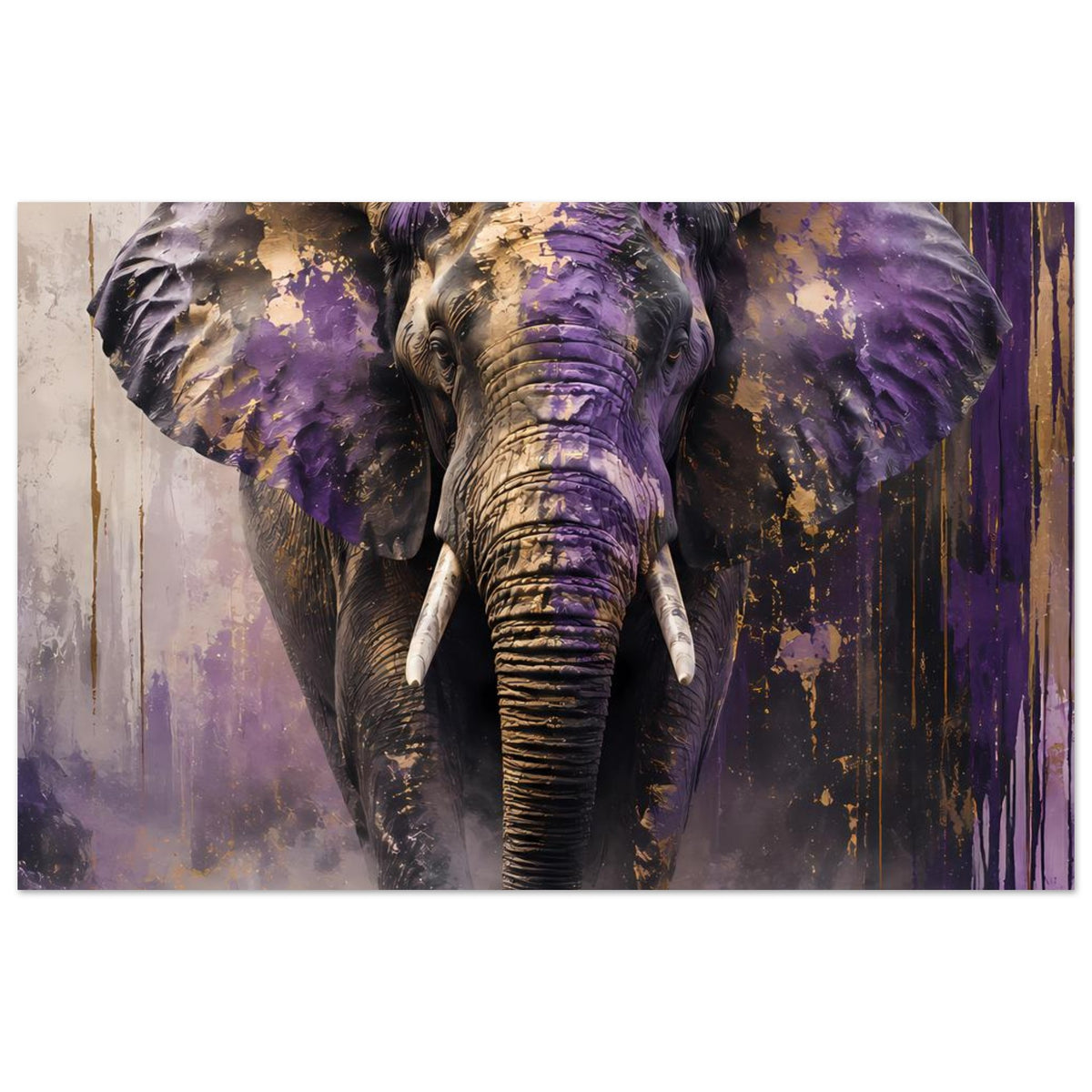 Abstraktes Elefantenposter, langes Motiv mit violettem Farbauftrag und goldenen Spritzakzenten