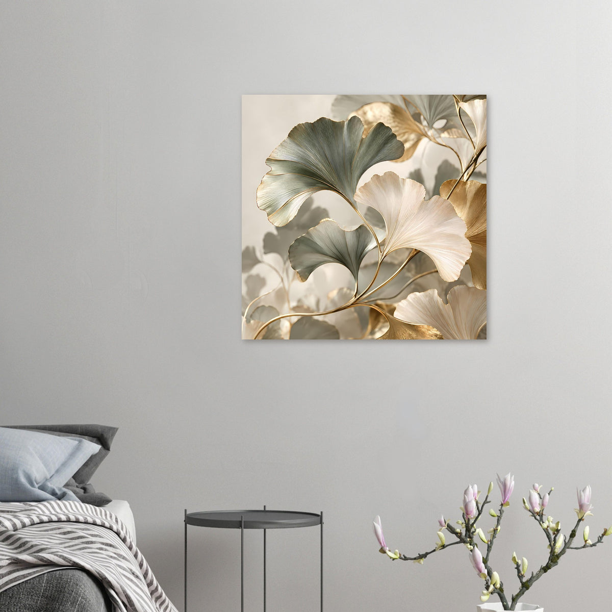Poster mit Ginkgo-Blättern in sanften Grüntönen und goldenen Akzenten