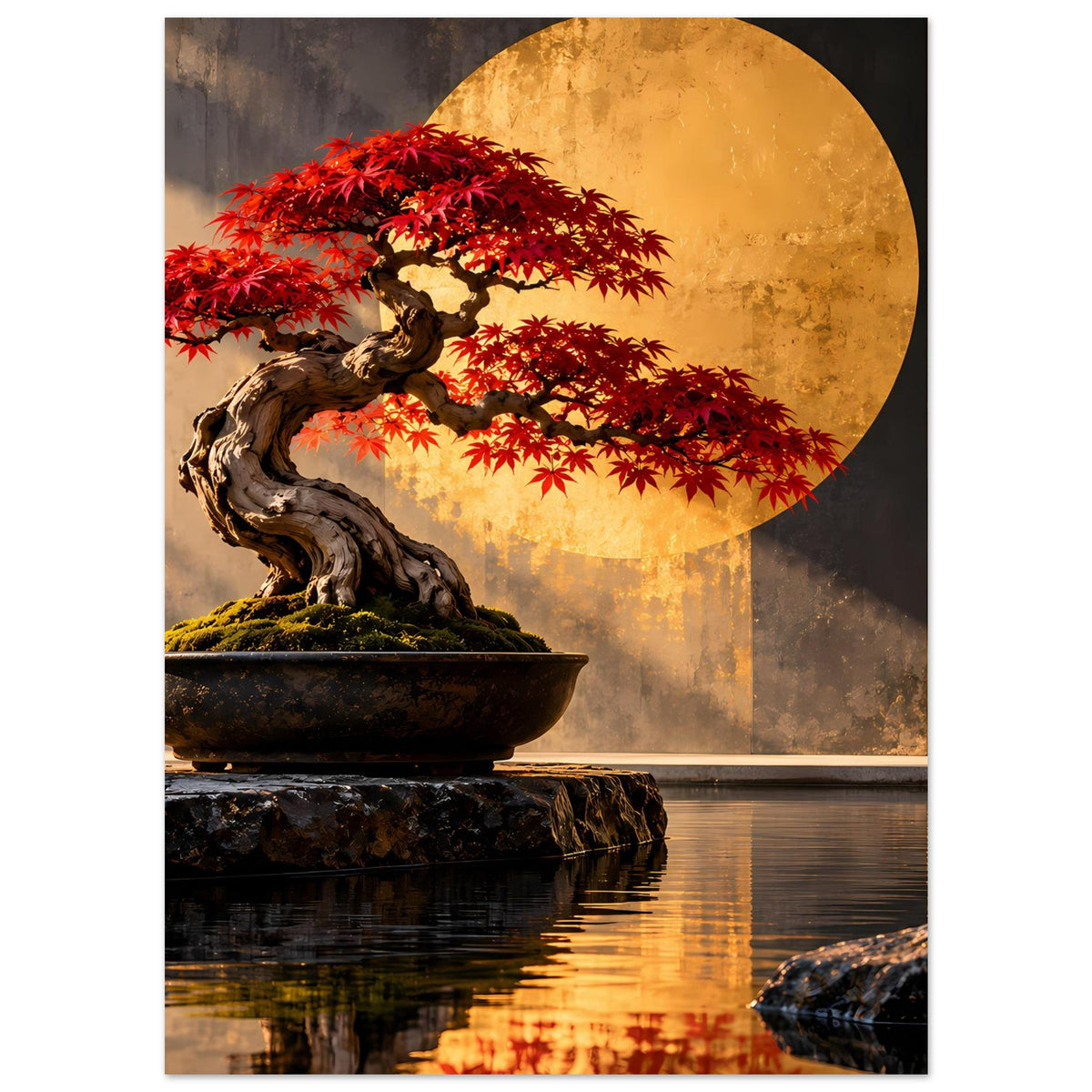 Bonsai-Poster im Hochformat mit rotem Ahorn, goldenem Mond, Baum im Steinbecken