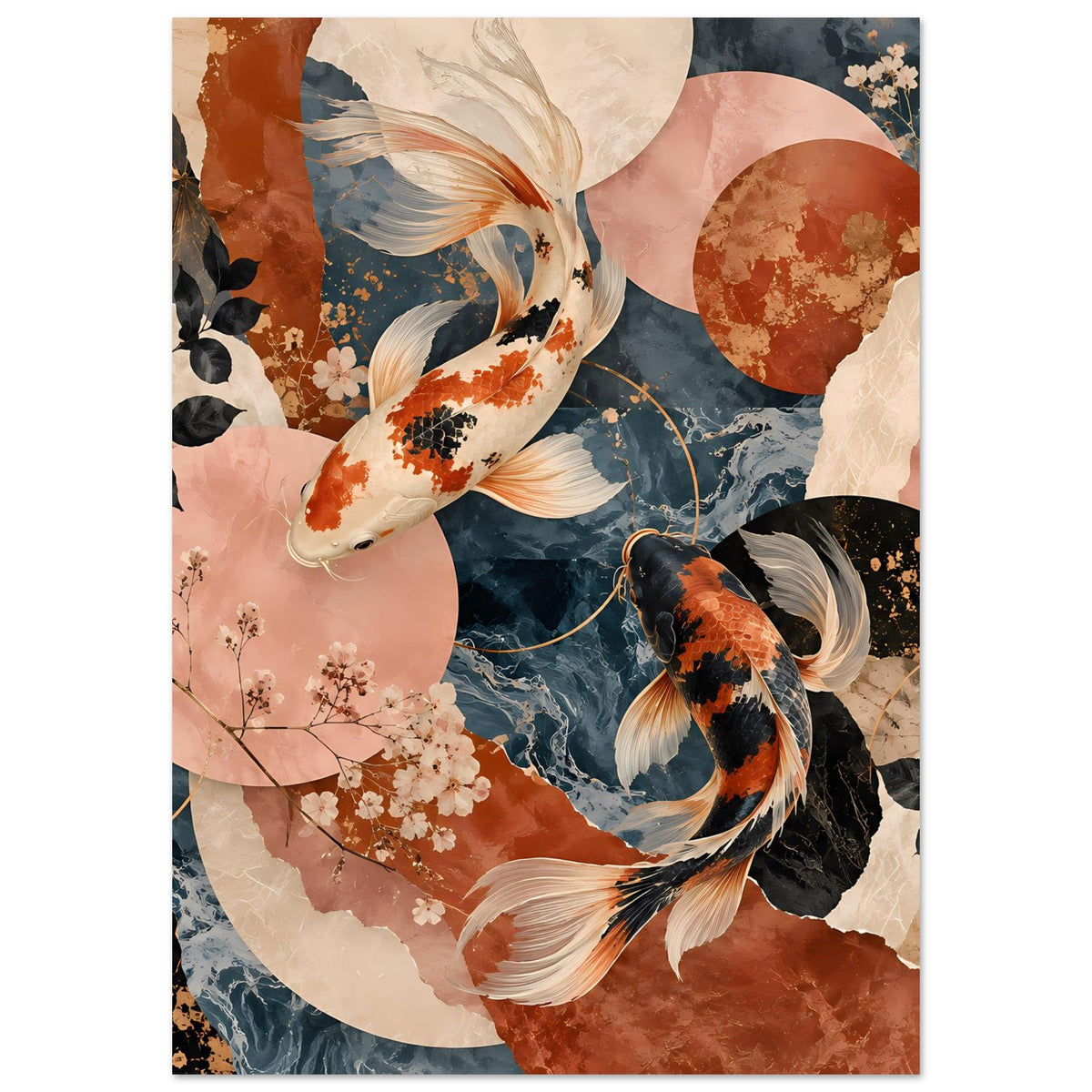 Koi-Fische-Poster im Hochformat, zwei Koi in Terrakotta- und Blautönen