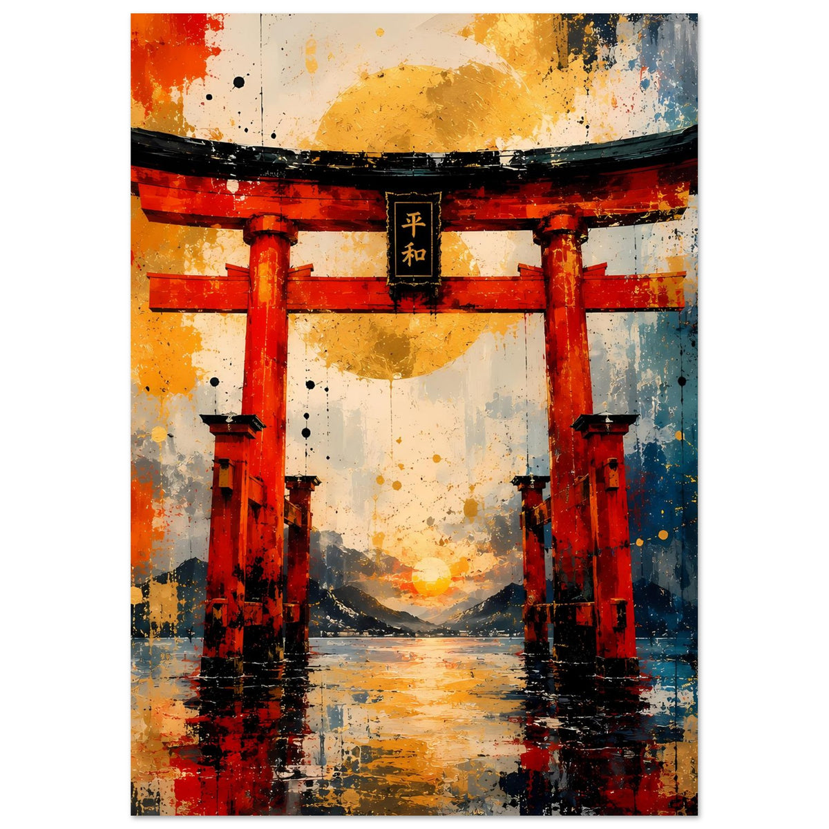 Hochformat-Poster mit Torii-Tor, rote Säulen, gelber Himmel und schwarzes Dach