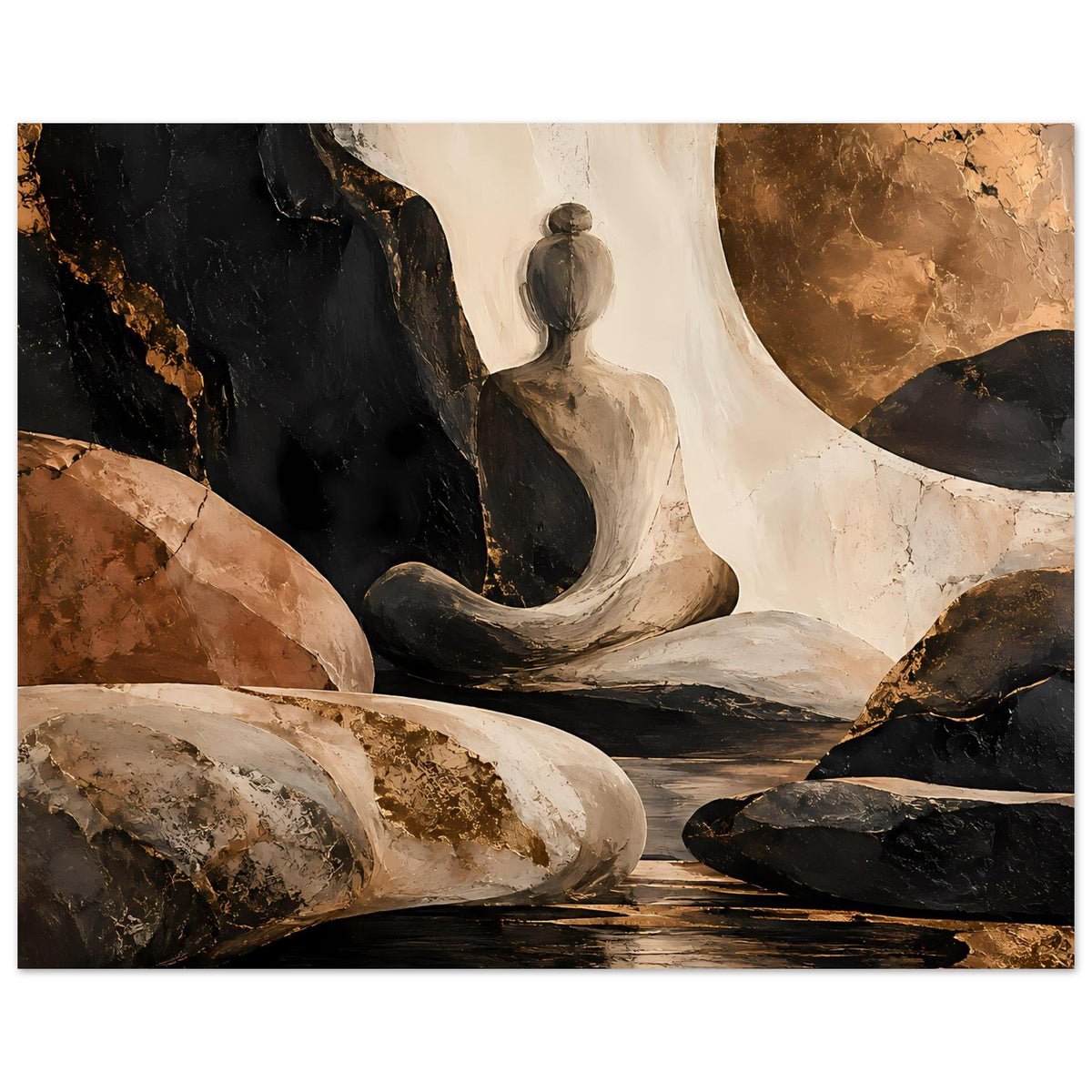 Gerahmtes Poster: Meditationsfigur im abstrakten Stil, Erdtöne, Felsen und dunkler Untergrund