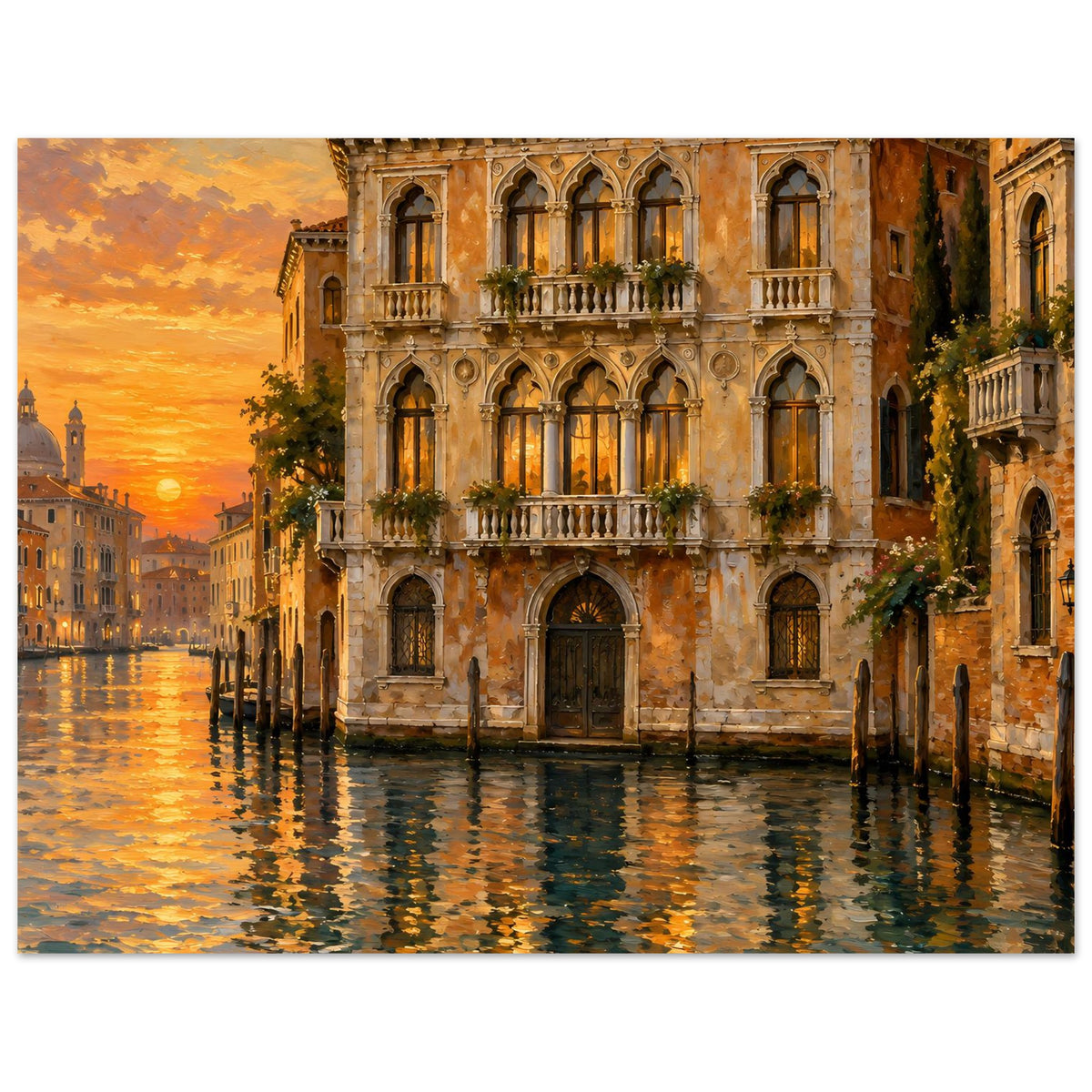 Poster im Querformat: Venedig bei Sonnenuntergang mit Palazzo und reflektierendem Kanalwasser