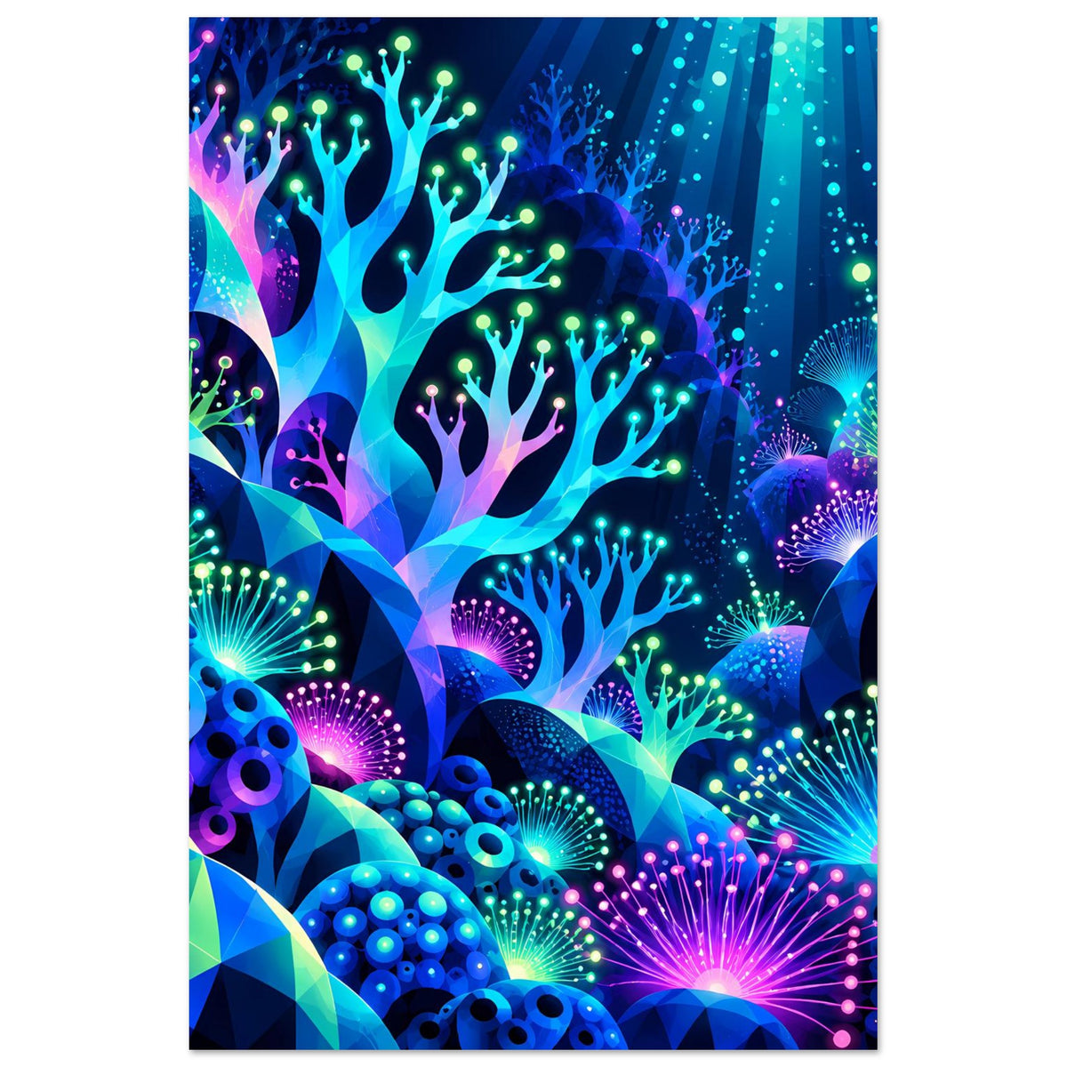 Unterwasser-Poster im Hochformat: leuchtende Pflanzen und Kugel-Elemente im Neon-Look
