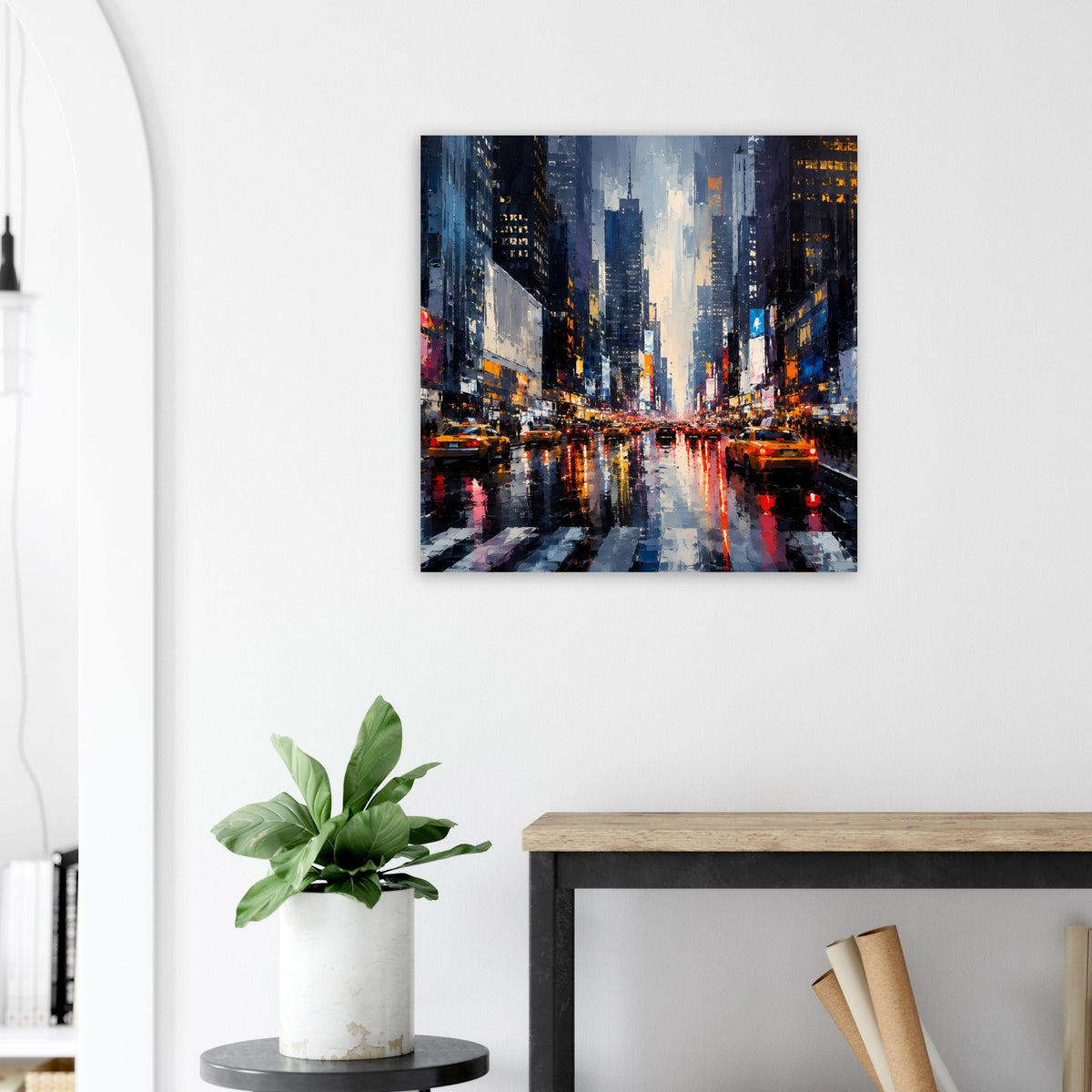 Gerahmtes Stadtposter: beleuchtete Regenstraße mit Reflexionen und Hochhaus-Silhouetten bei Nacht