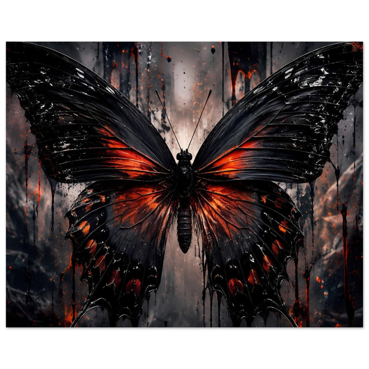 Schmetterlingsposter, zentrales Flügelmotiv in Schwarz mit orange-roten Sprenkeln