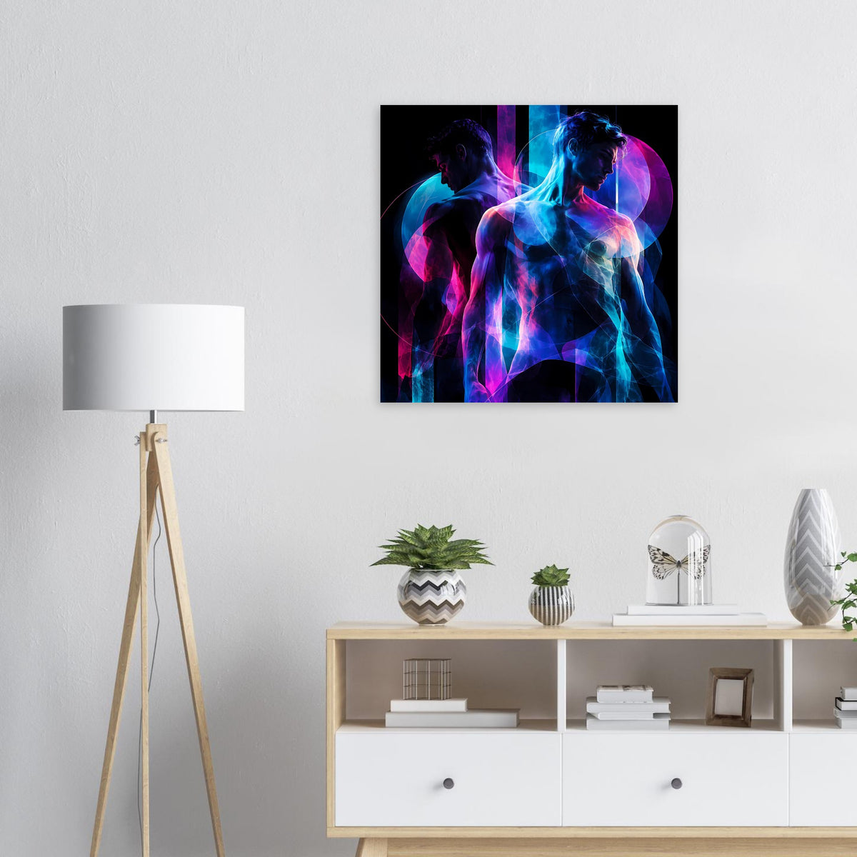 Rechteckiges Kunstposter mit Neonabstraktion: zwei Silhouetten in Blau und Pink auf Schwarz