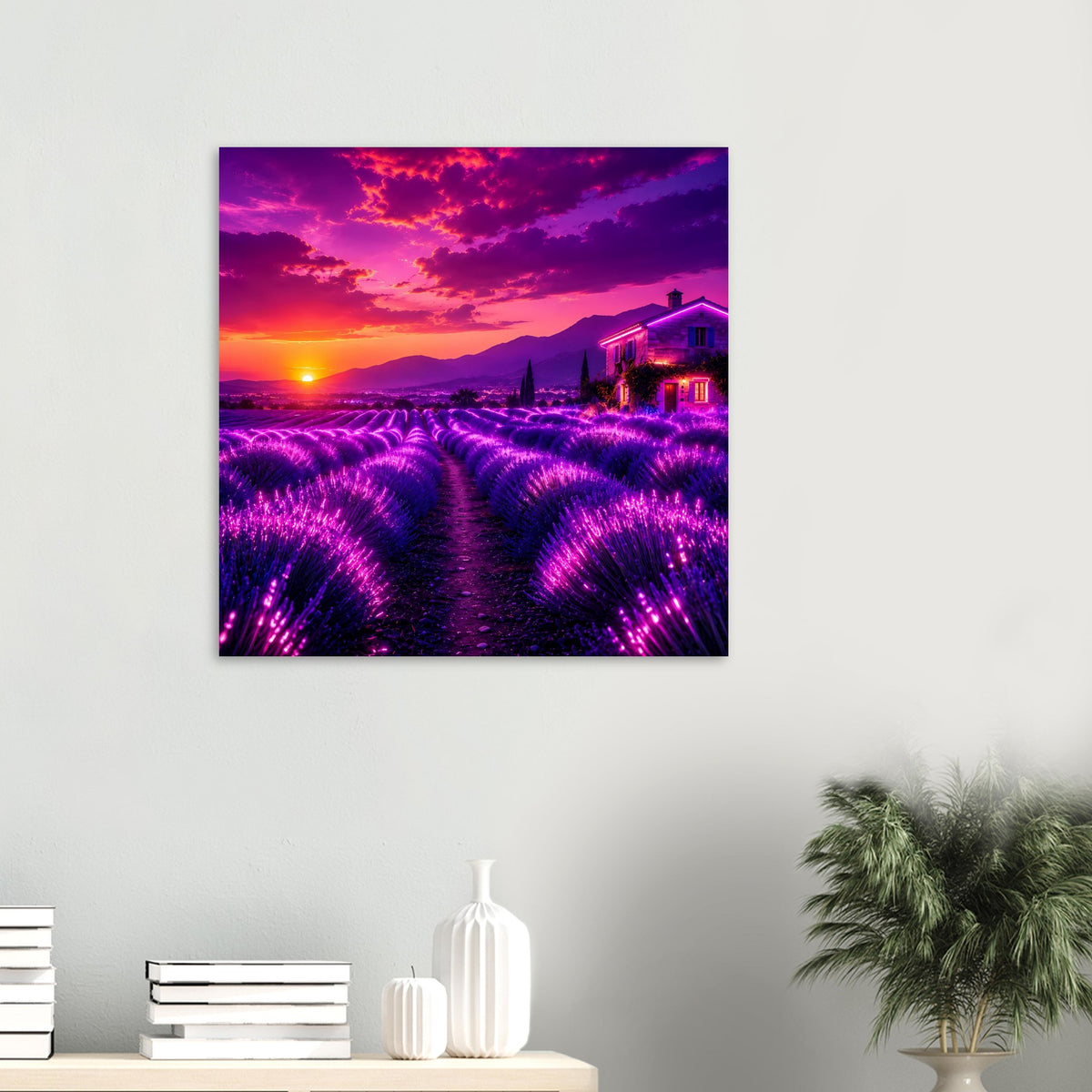 Kleines Lavendelfeld-Poster mit lila Blüten, Mittelweg und Haus bei Sonnenuntergang