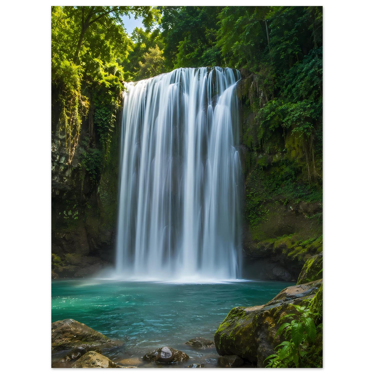 Poster mit Wasserfall und türkisfarbenem Wasser vor grünen Bäumen