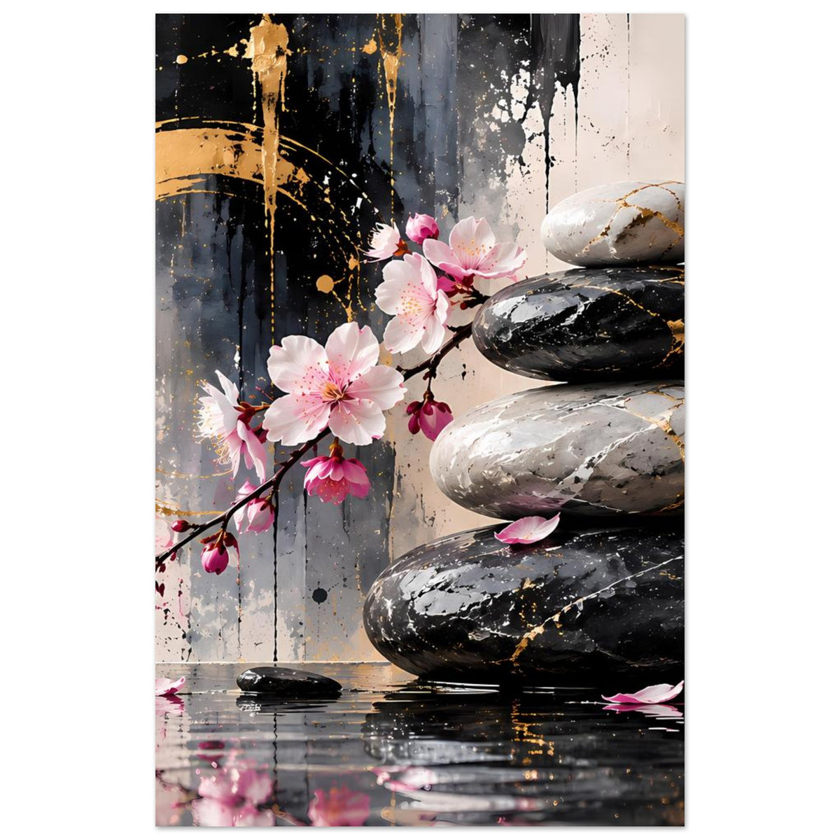Zen-Poster im Hochformat: Kirschblütenzweig, drei Steine und Spiegelungseffekte unten