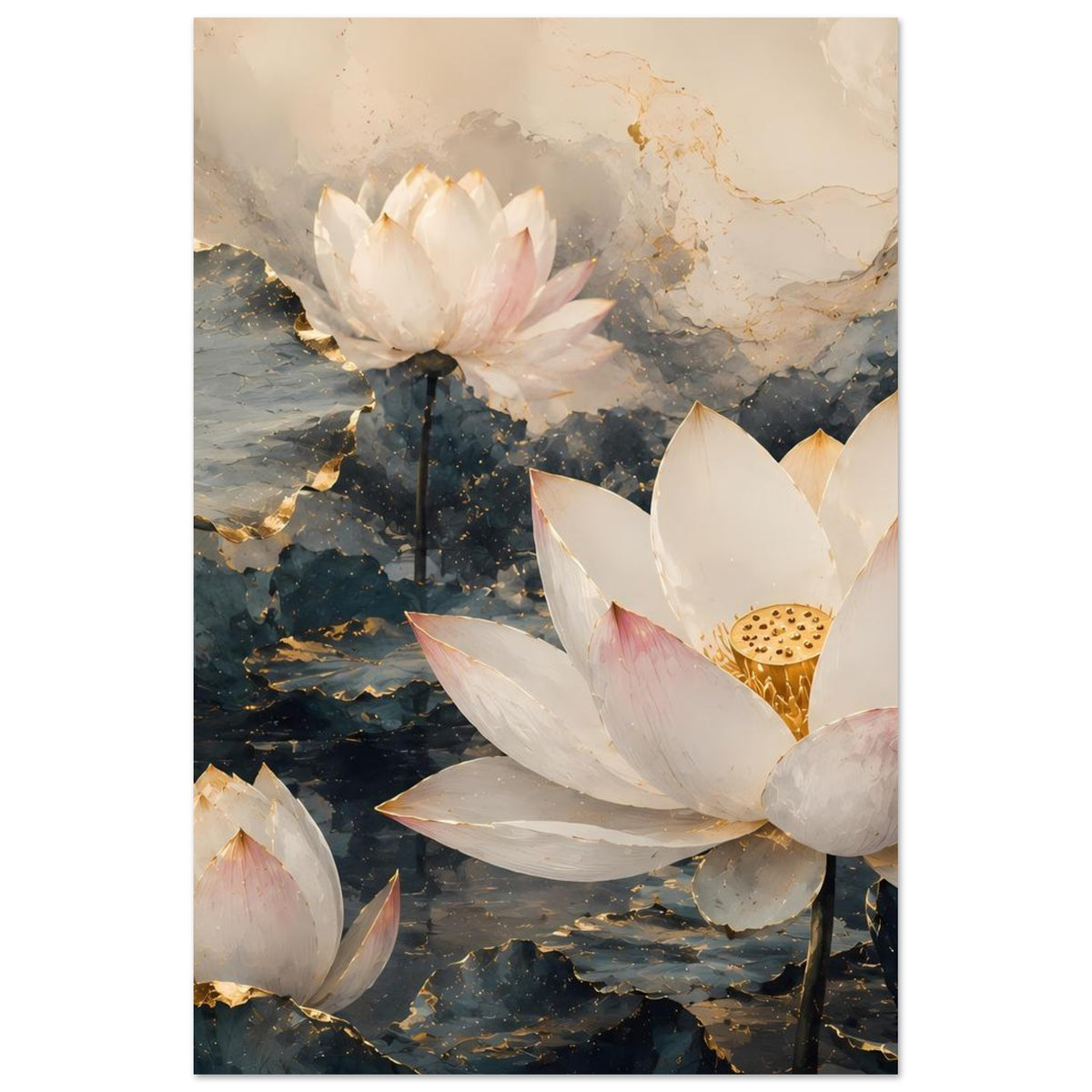 Lotusblumen-Poster mit Goldakzent, weißen Blüten und dunklem Wasser