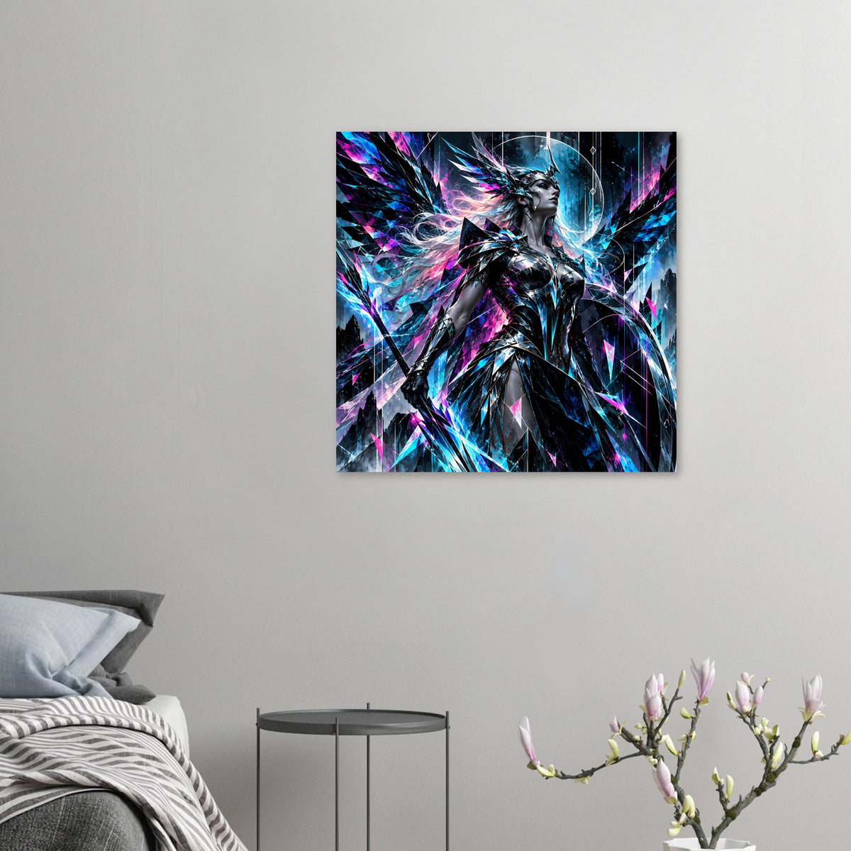 Neon-Valkyrie-Poster im Quadratformat, silberne Rüstung mit Blau- und Pink-Elementen