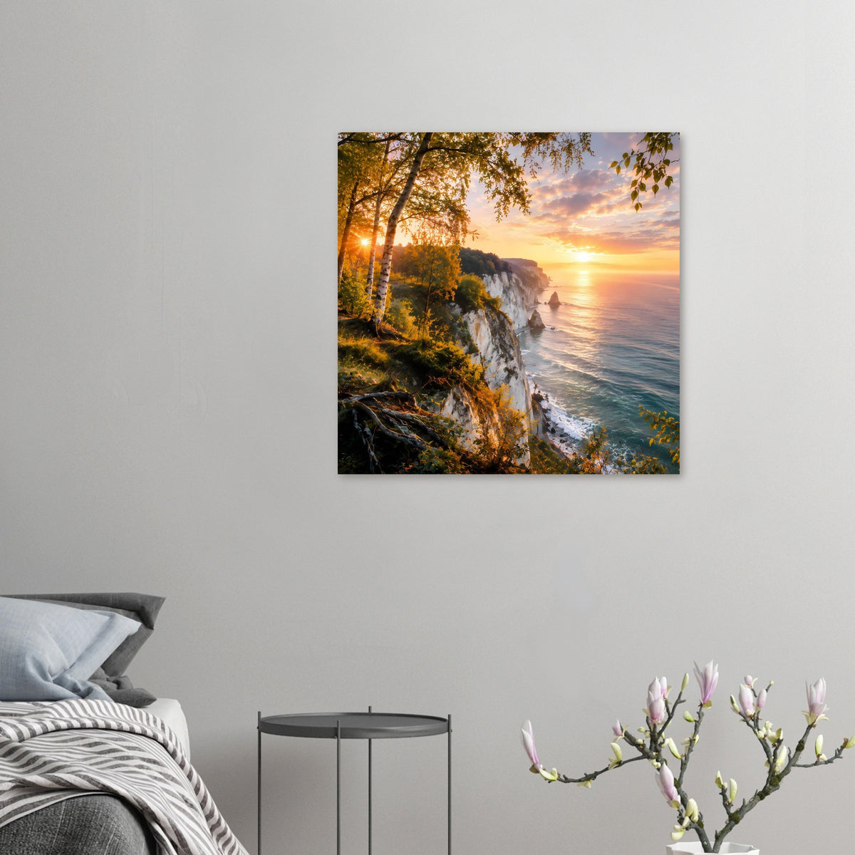 Kleines Poster im Querformat mit Küstenfelsen, Wellen und goldenem Himmel