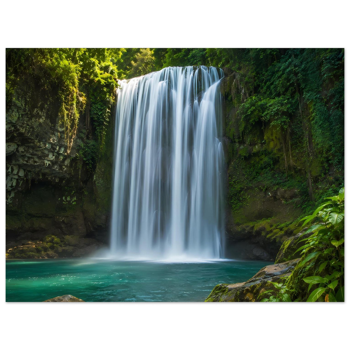 Poster mit Wasserfall und türkisfarbenem Flusslauf, umgeben von dunkelgrünem Laub