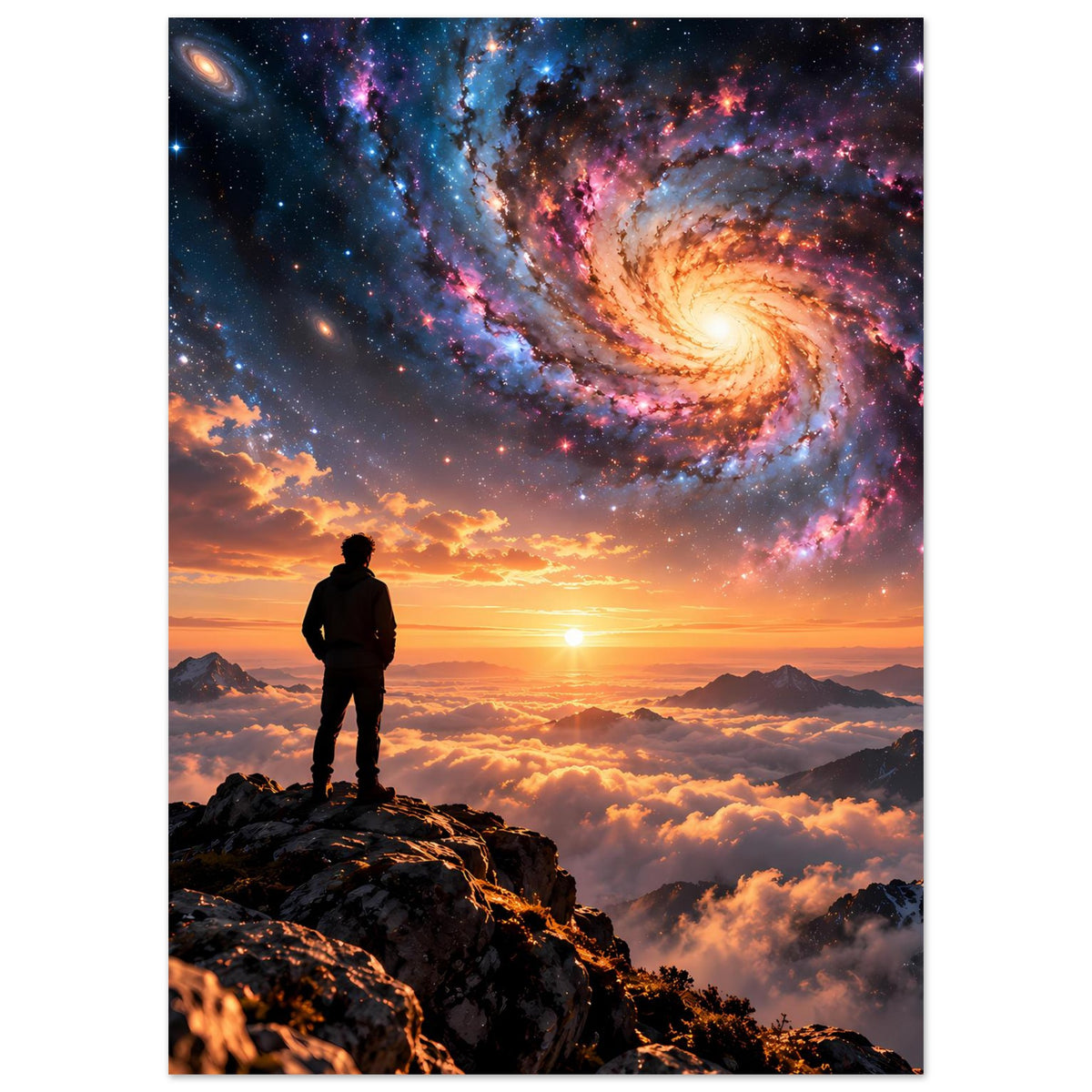 Vertikales Poster mit Spiralgalaxie, Sonnenuntergang über Wolken und Bergen; stehende Person