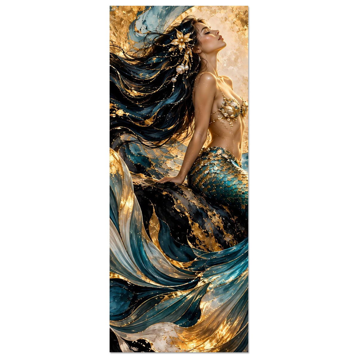 Hochformat-Poster: Meerjungfrau in Türkis und Gold, goldener Mondkreis, Flossenrock