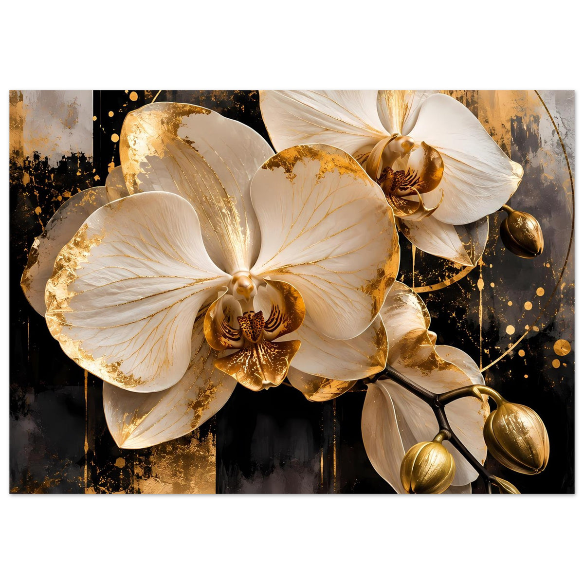 Horizontales Poster mit drei weißen Orchideenblüten und goldenen Akzenten, stilisiertes Design