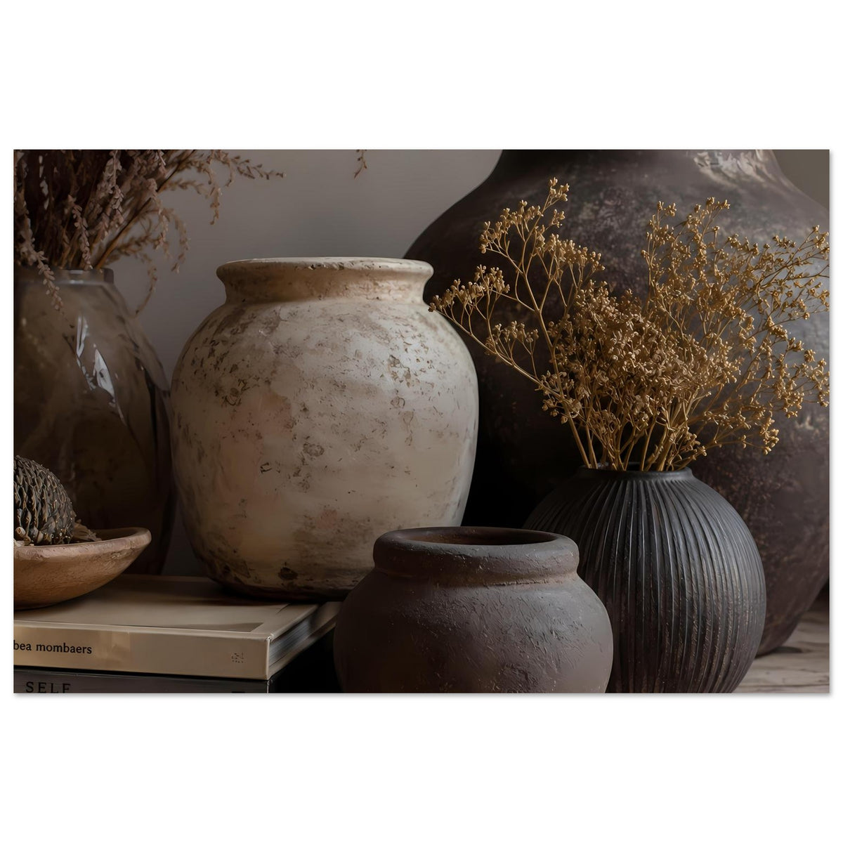 Wandposter mit hellen Keramikvasen und dunkler Vase, Trockenblumen und Bücherregal im Motiv