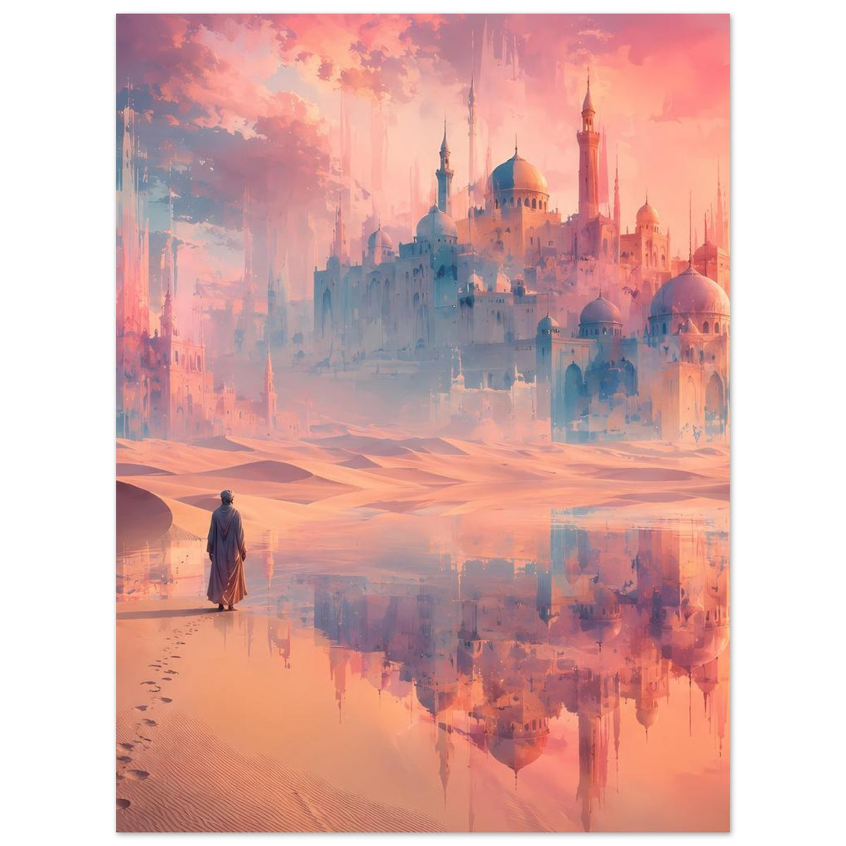 Wandposter mit orientalischem Palast, Sanddünen, Figur und spiegelnder Wasserfläche im Rosa