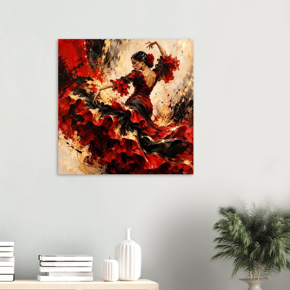 Poster: Flamenco-Tänzerin im roten und schwarzen Kleid, Komposition in Spritzfarben