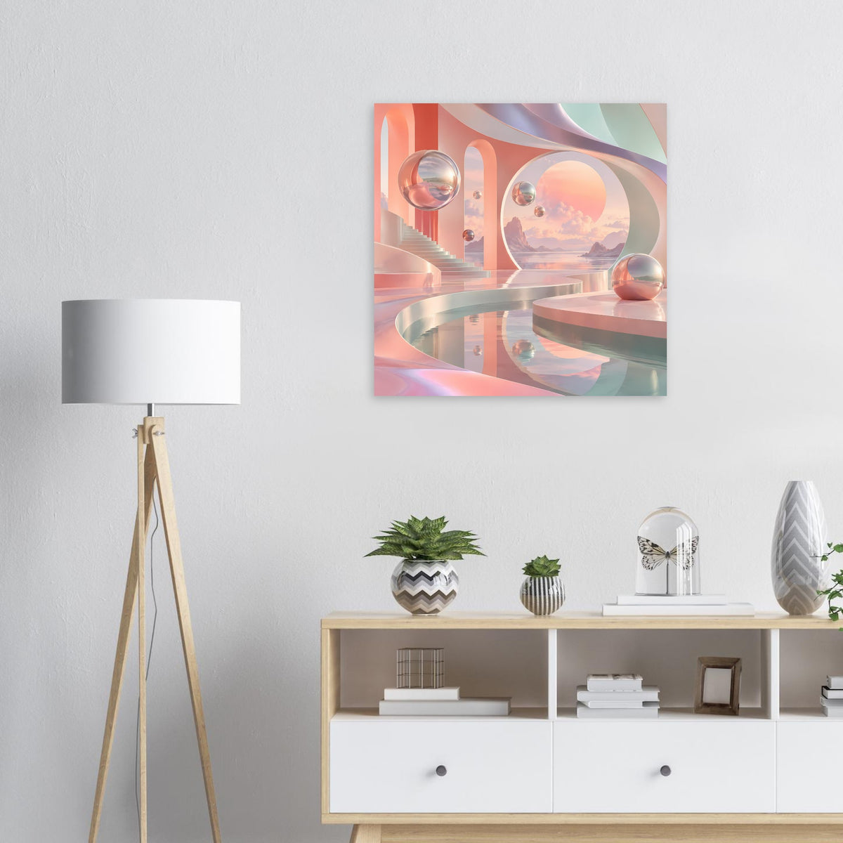 Quadratisches Poster: Pastell-Landschaft mit spiegelnden Kugeln und gebogenen Formen