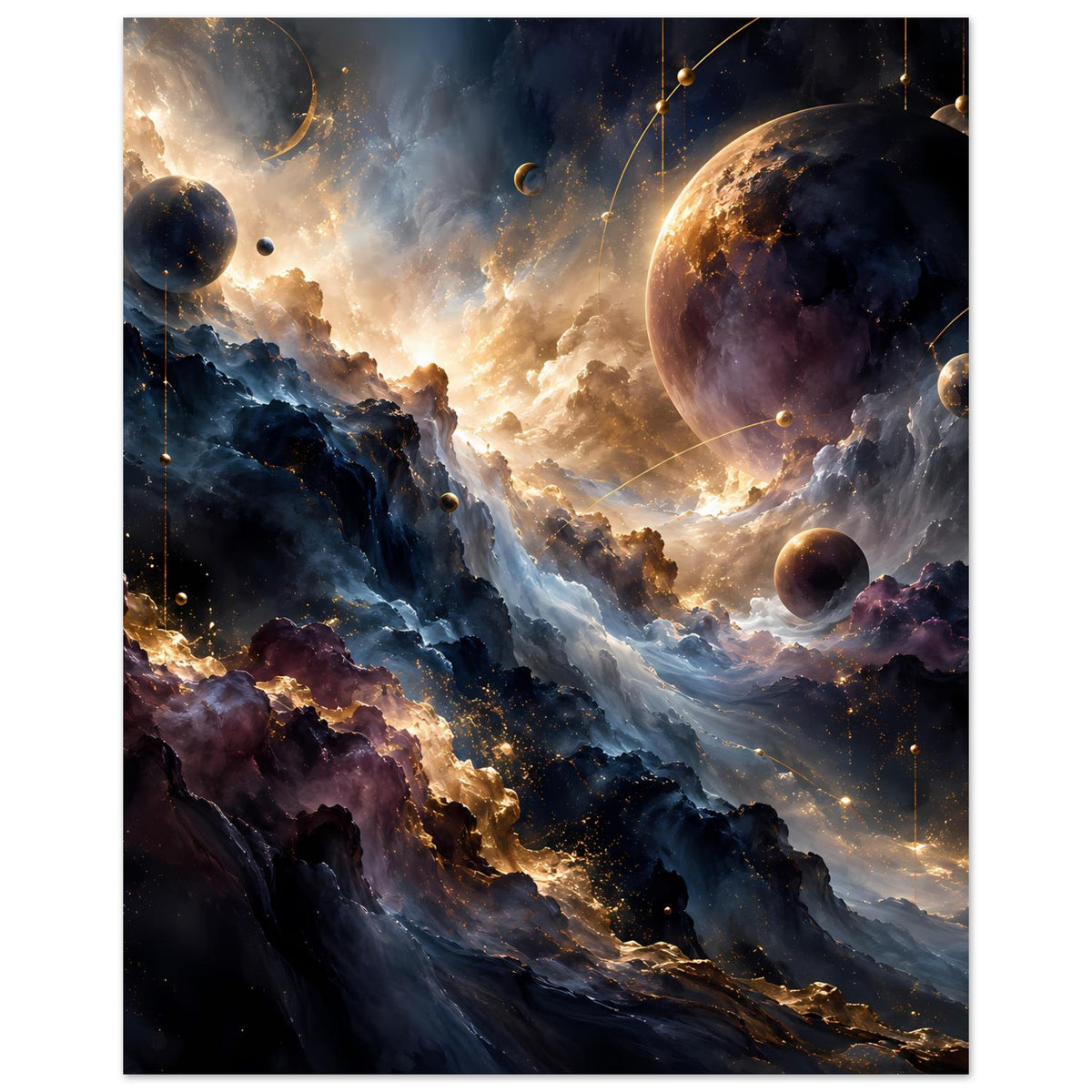 Weltraum-Kunstposter mit violetten Nebeln, vielen Sternpunkten und goldenen Verbindungsstrichen
