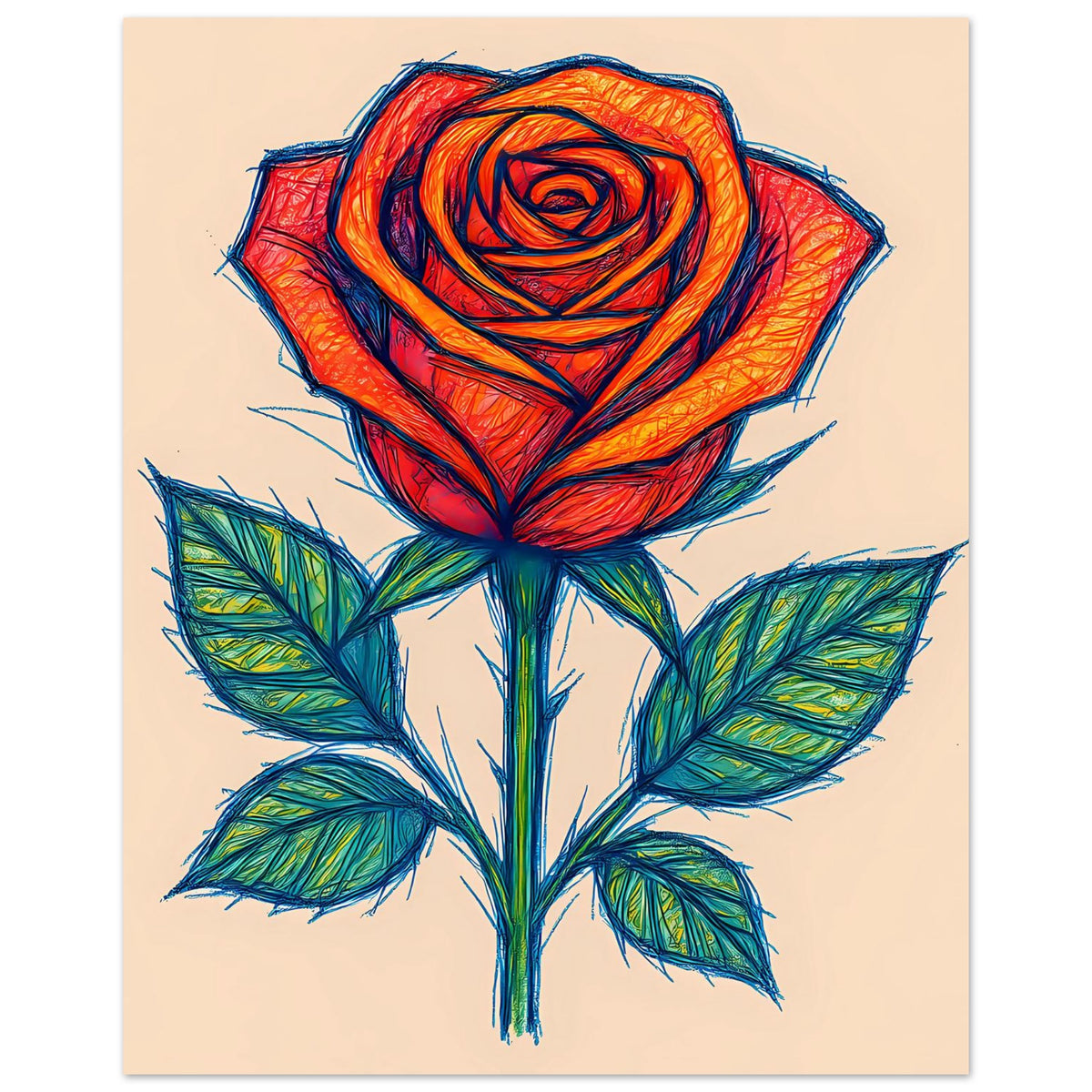 Rosenposter im Sketch-Stil, orange-rote Rose mit grün gezeichnetem Stiel und Blättern