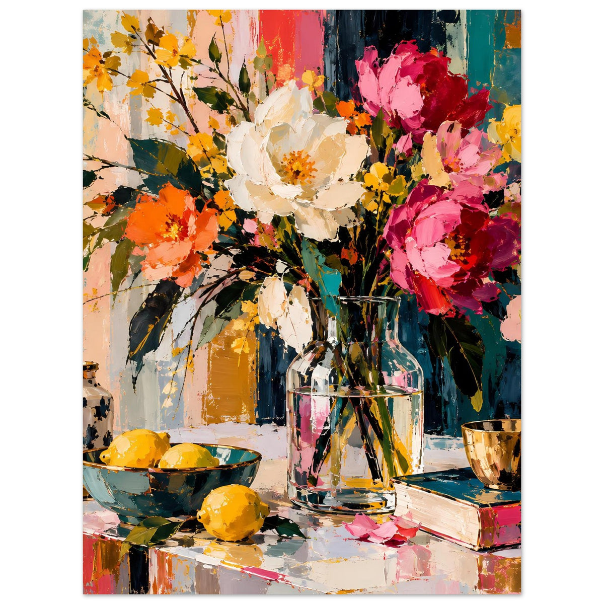 Blumenstillleben-Poster mit buntem Bouquet, Vase und Schalen, näher herangezoomt.