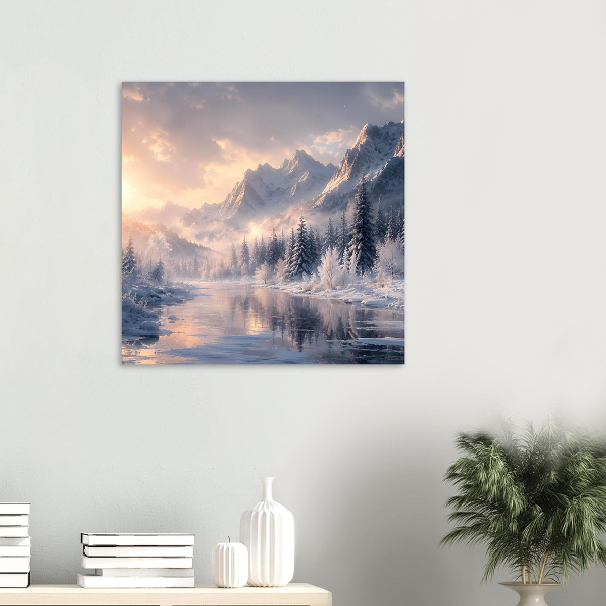 Quadratisches Poster mit Winterlandschaft: verschneite Berge, Tannenwald und stiller See im Sonnenaufgang
